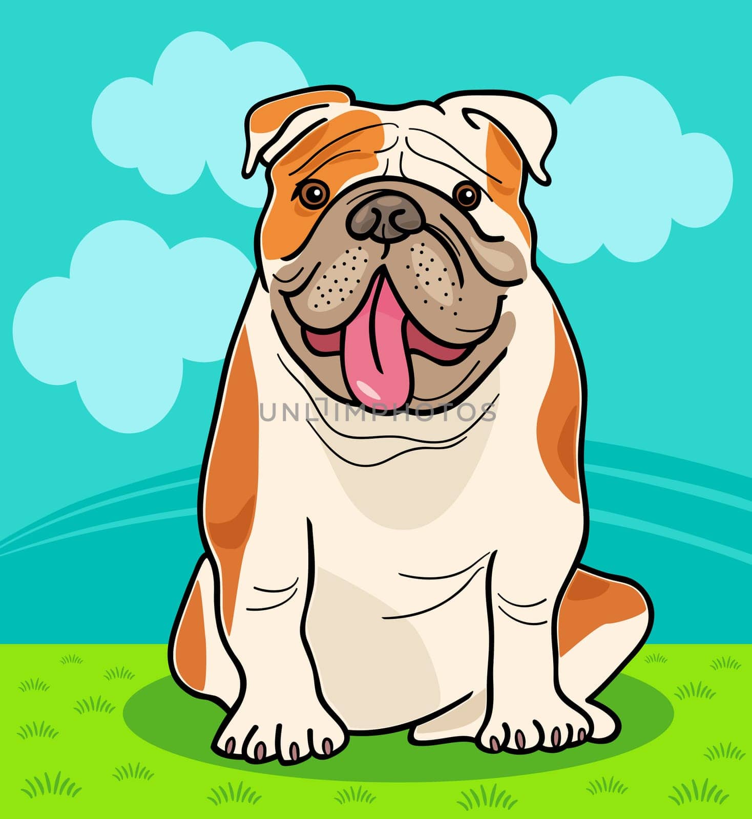 Cartoon Illustration of Funny English Bulldog Dog against Sky with Clouds