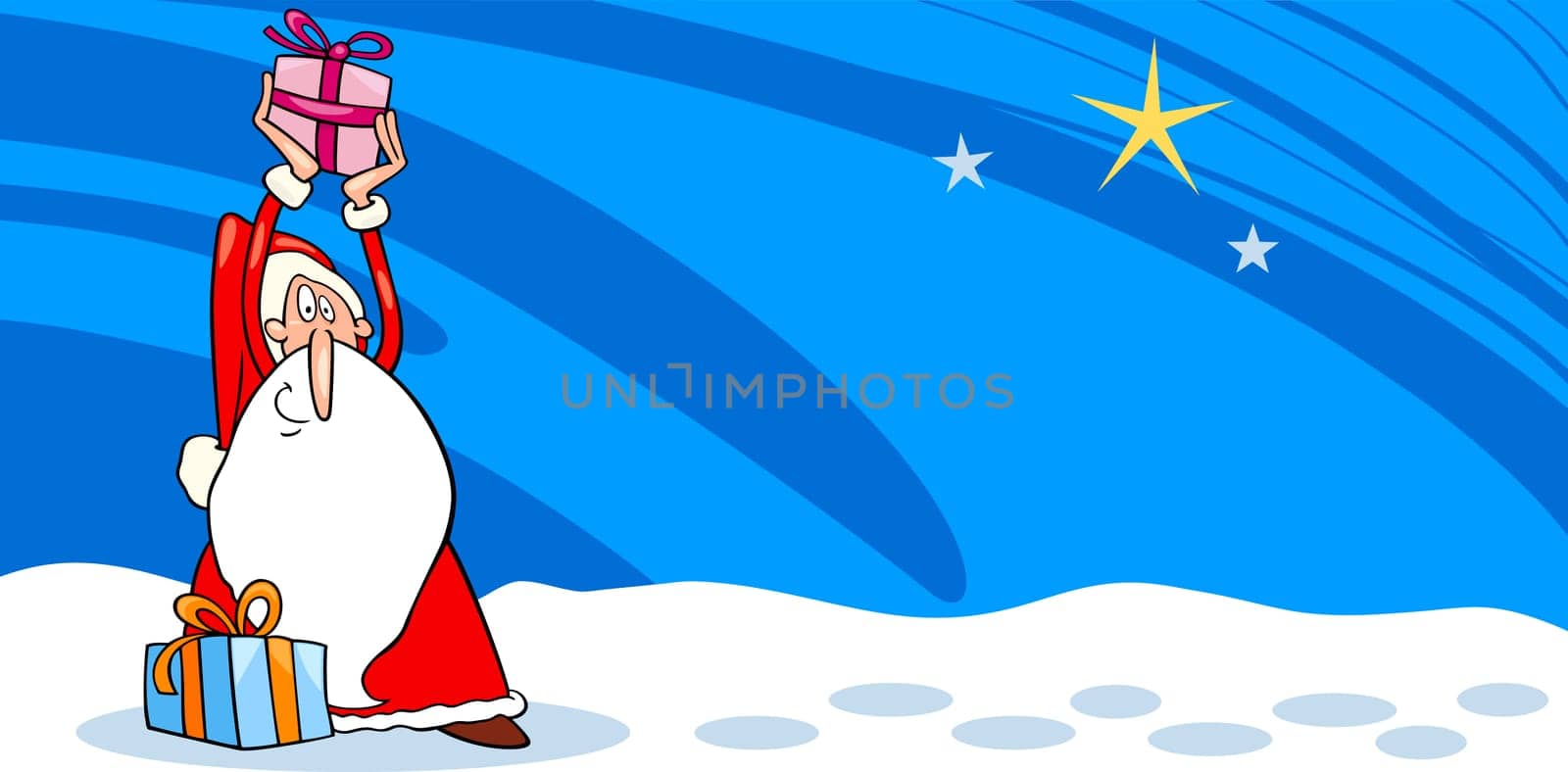 Greeting Card Cartoon Illustration of Santa Claus or Papa Noel or Father Christmas with Christmas Presents and Star