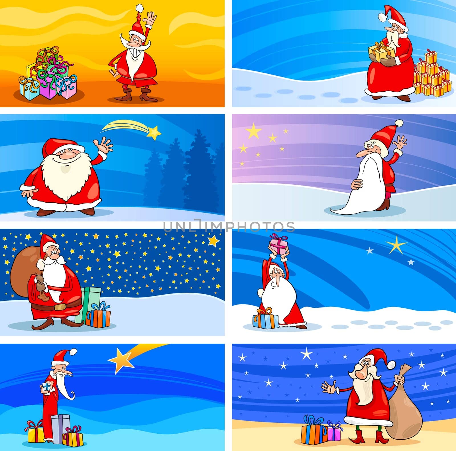 Cartoon Illustration of Greeting Cards with Santa Claus or Papa Noel or Father Christmas and other Holiday Themes Set