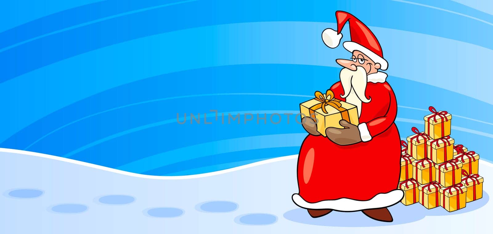 Greeting Card Cartoon Illustration of Santa Claus or Papa Noel or Father Christmas with Christmas Presents