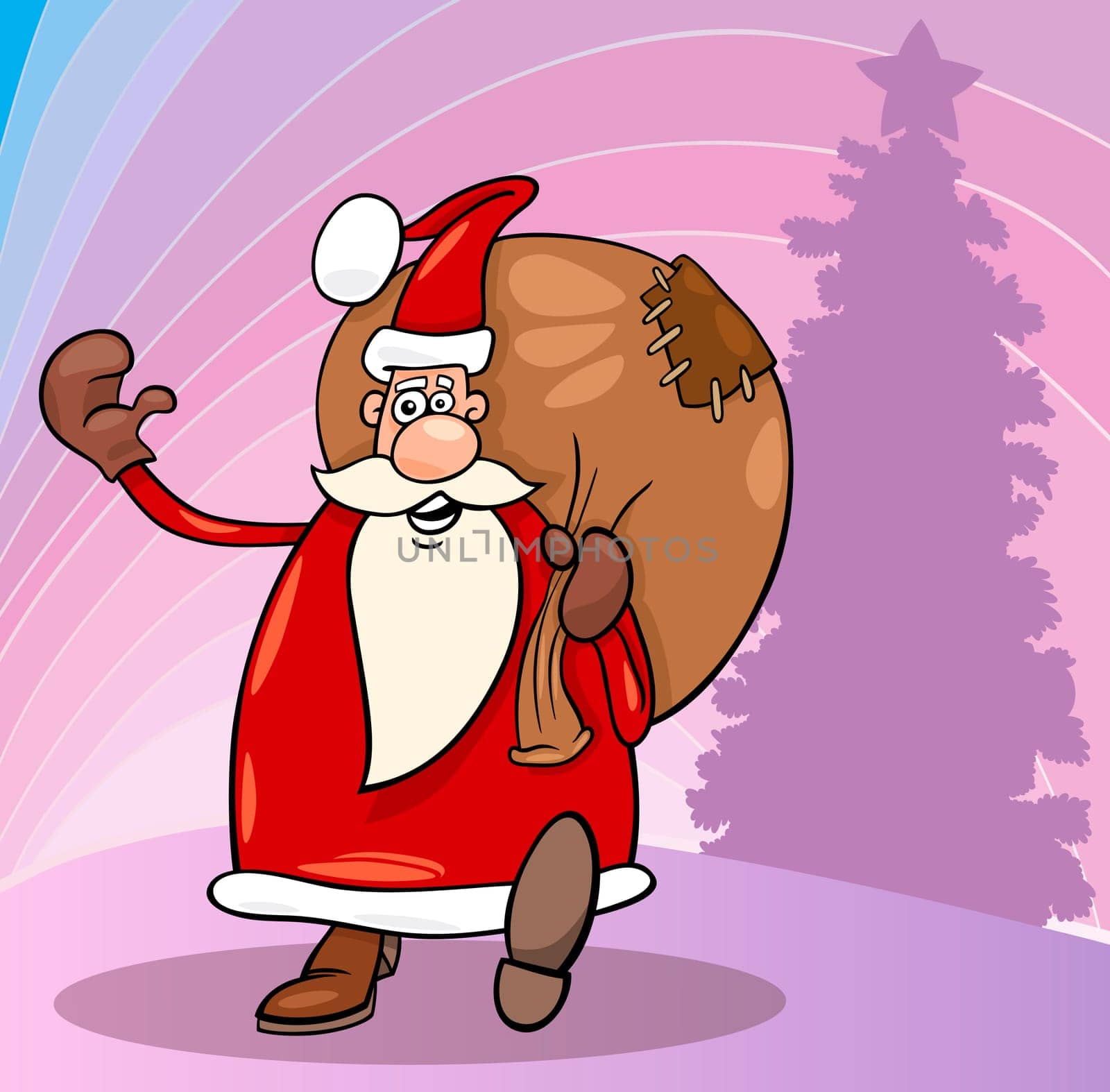 Cartoon Illustration of Funny Santa Claus or Papa Noel or Father Christmas with Sack full of Presents