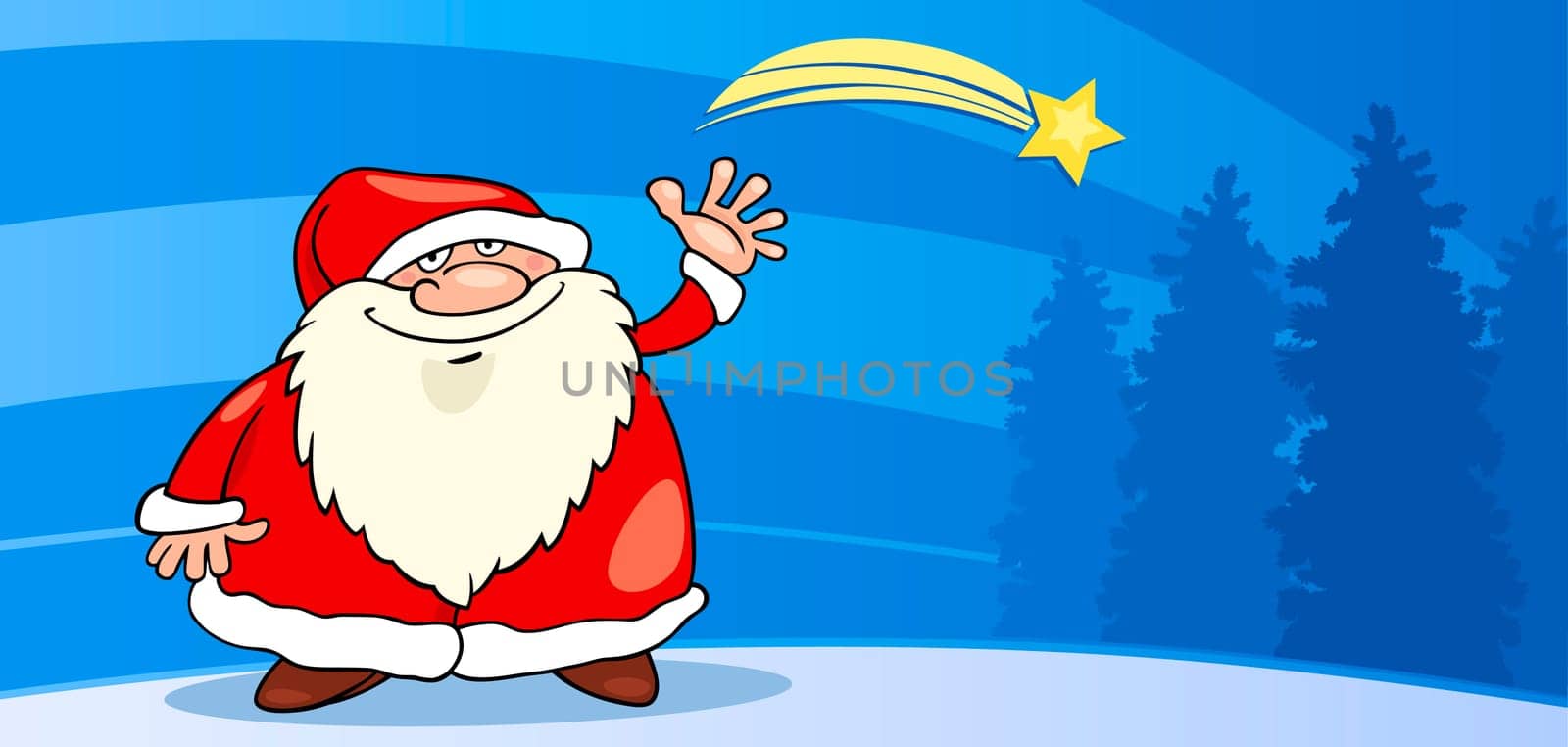 Greeting Card Cartoon Illustration of Santa Claus or Papa Noel or Father Christmas with Star