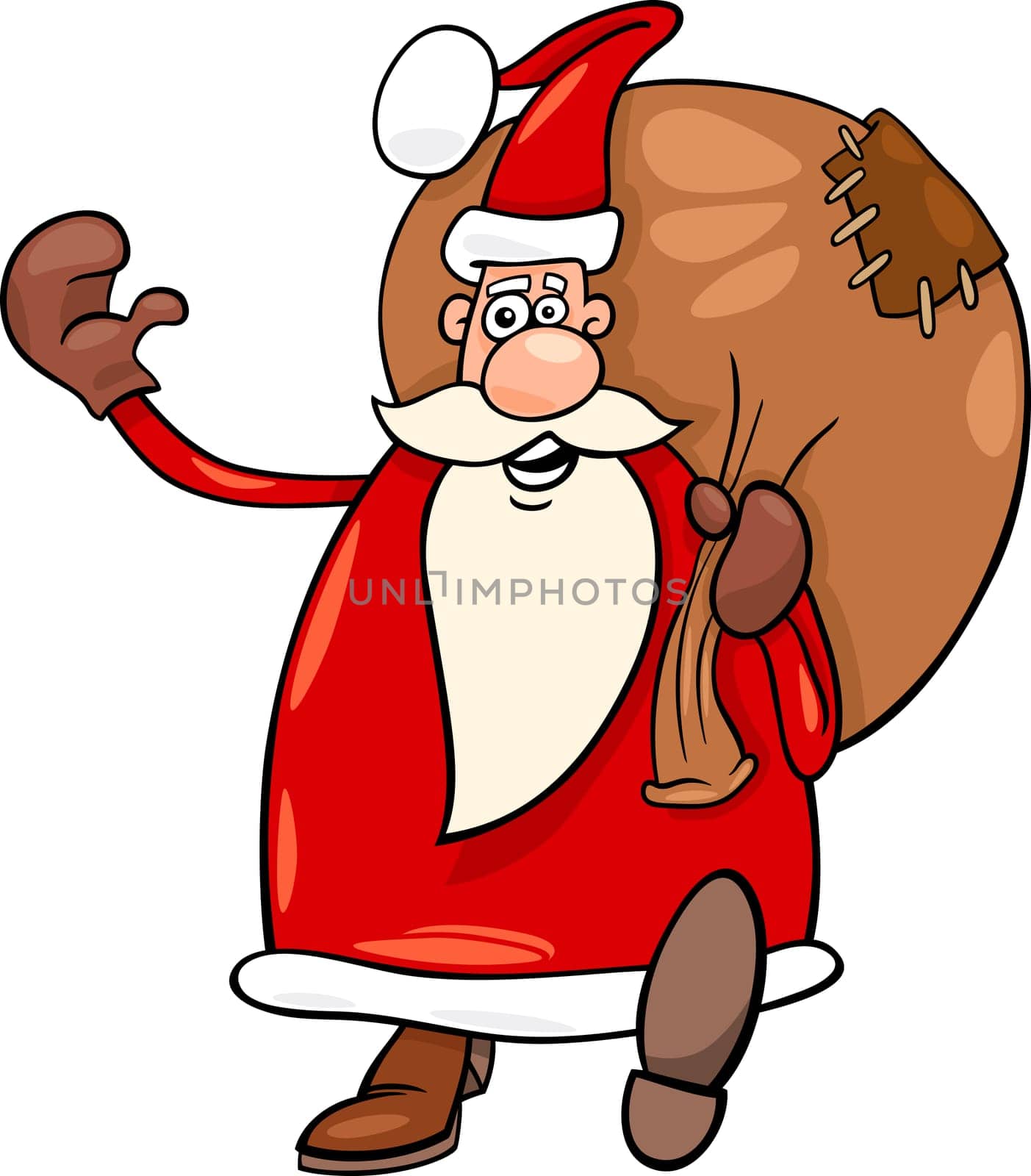 Cartoon Illustration of Funny Santa Claus or Papa Noel or Father Christmas with Sack full of Presents