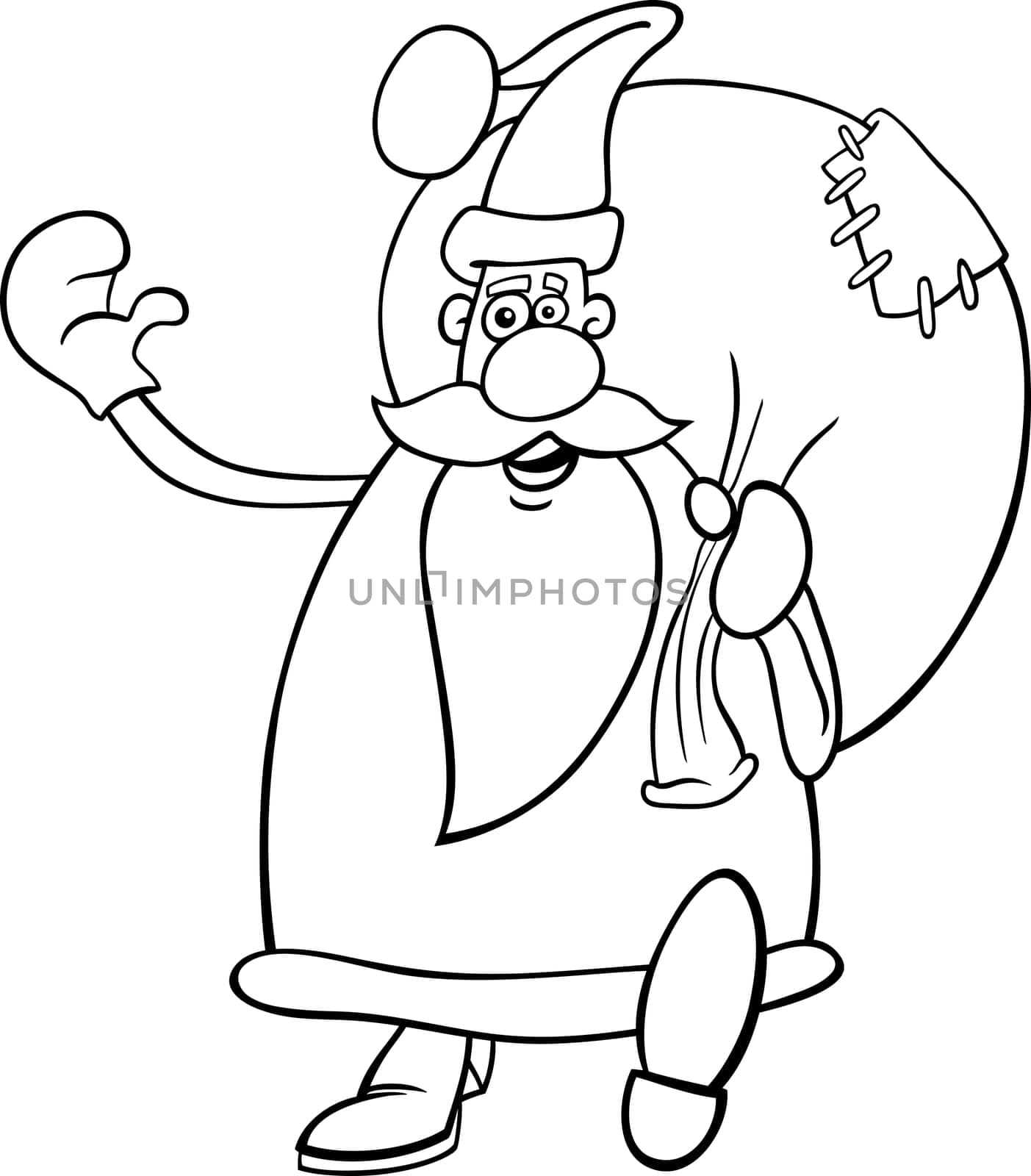 Cartoon Illustration of Funny Santa Claus or Papa Noel or Father Christmas with Sack full of Presents for Coloring Book
