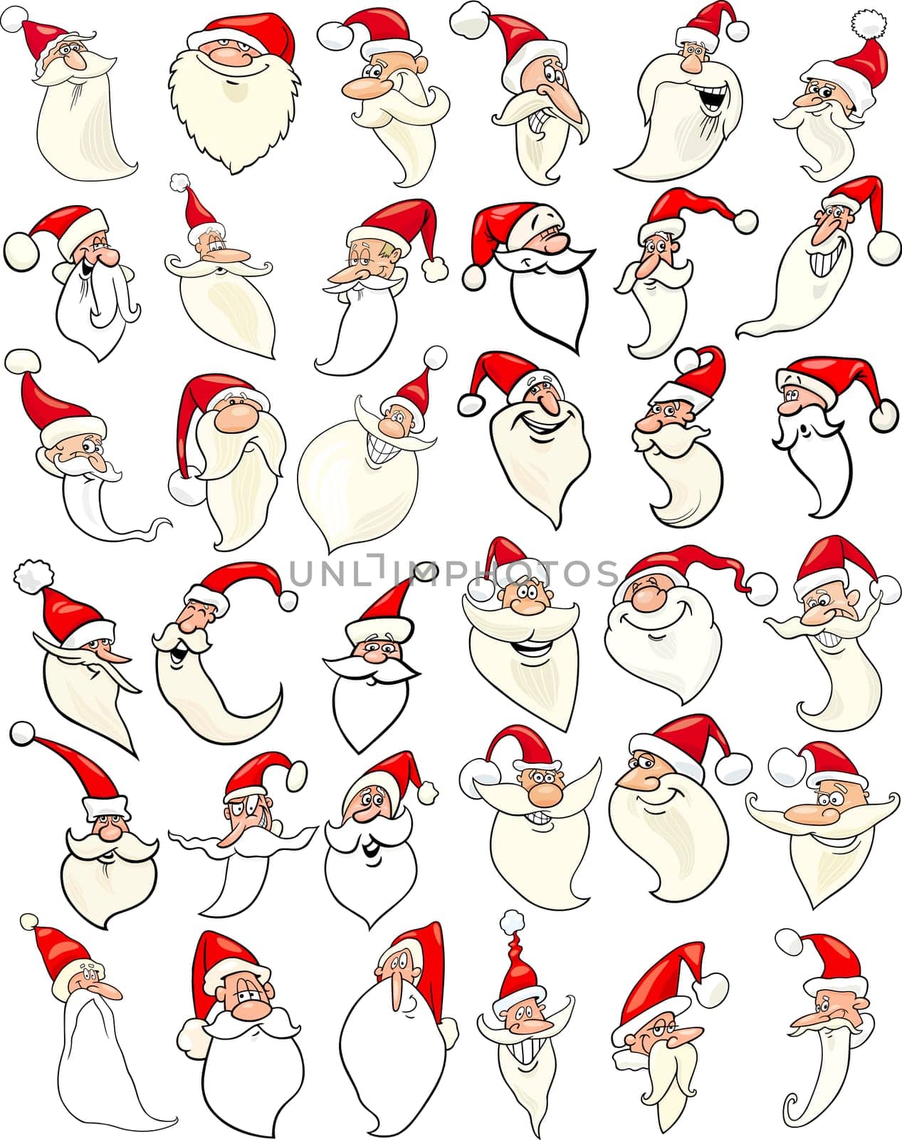 Cartoon Illustration of Santa Claus or Papa Noel or Father Christmas Happy Faces Icons Big Set