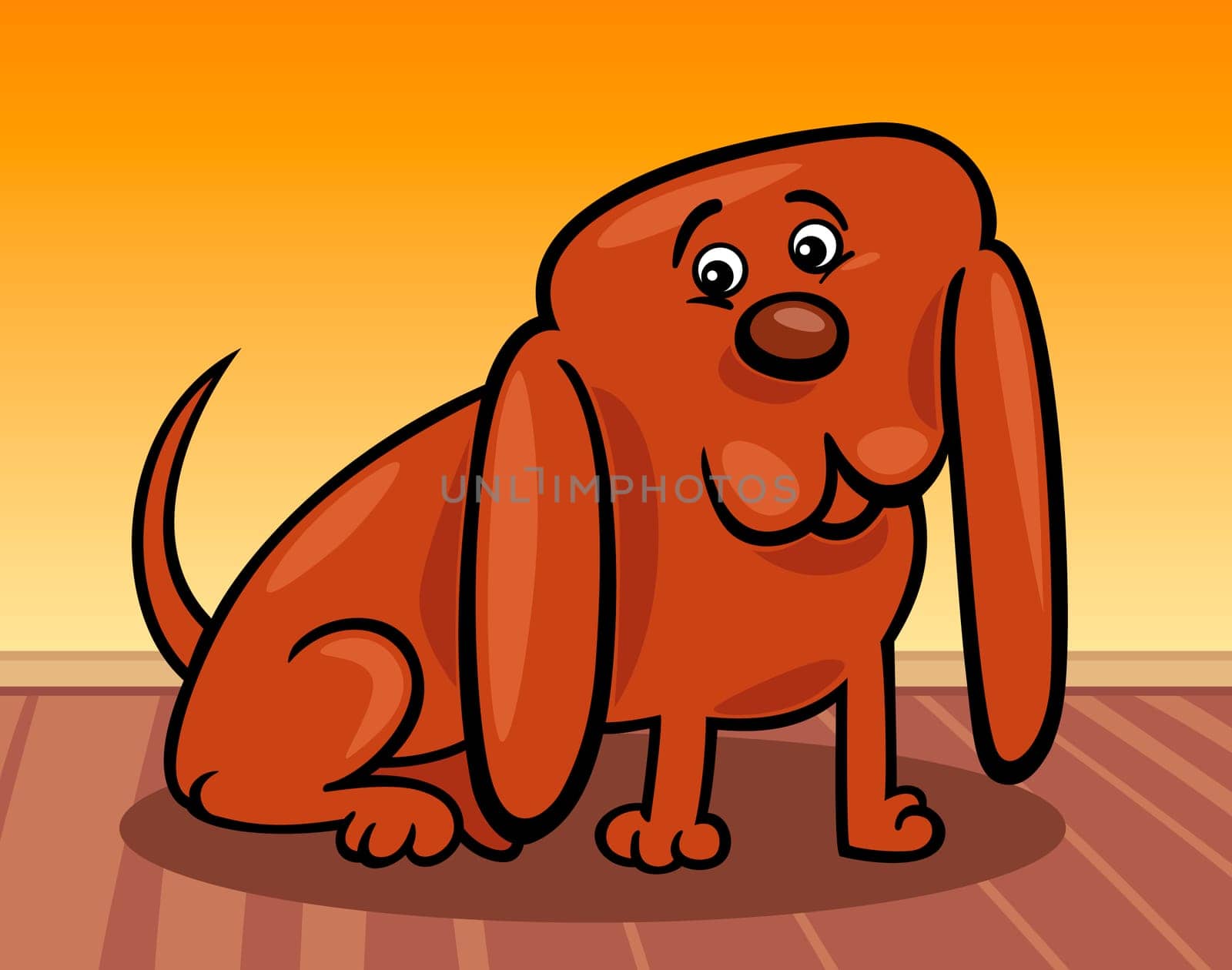 Cartoon Illustration of Funny Little Dog with Huge Ears at Home