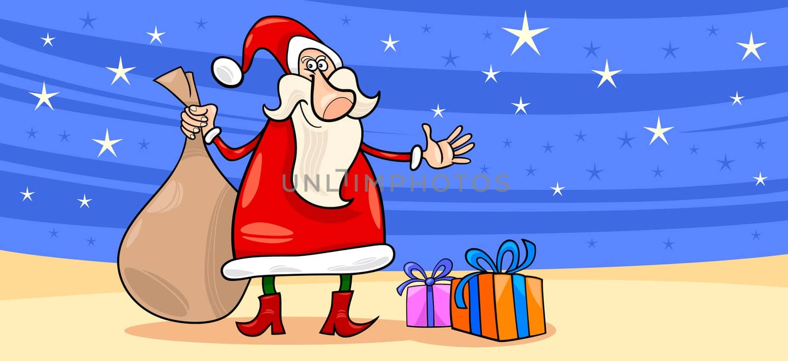 Greeting Card Cartoon Illustration of Santa Claus or Papa Noel or Father Christmas with Christmas Presents and Stars