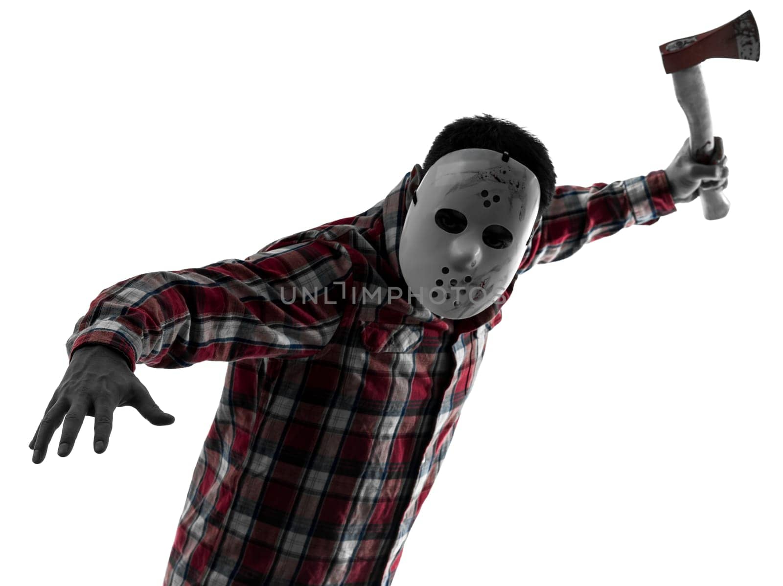one causasian man serial killer with mask portrait in silhouette studio isolated on white background