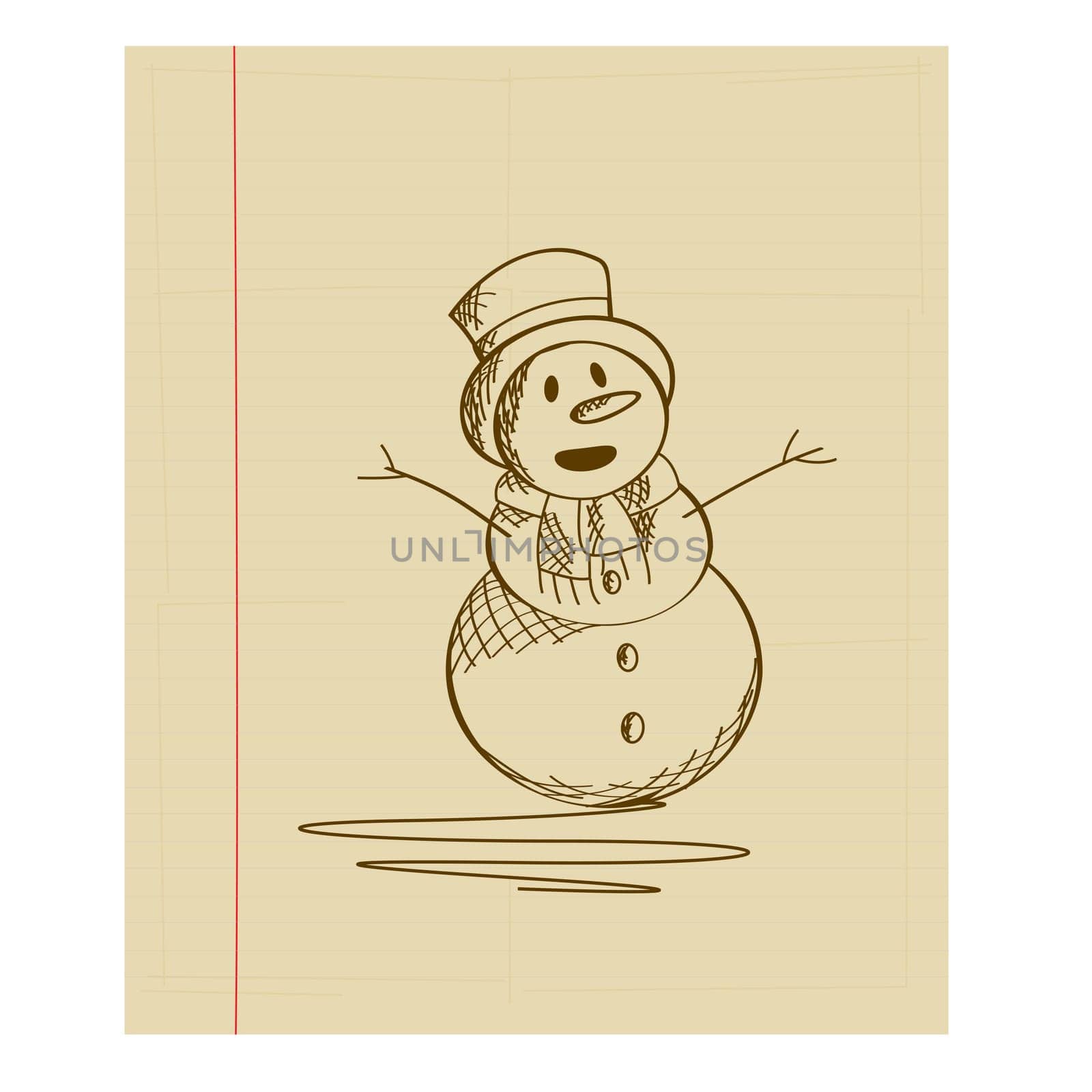 Doodle sketch drawing of a fancy snow man