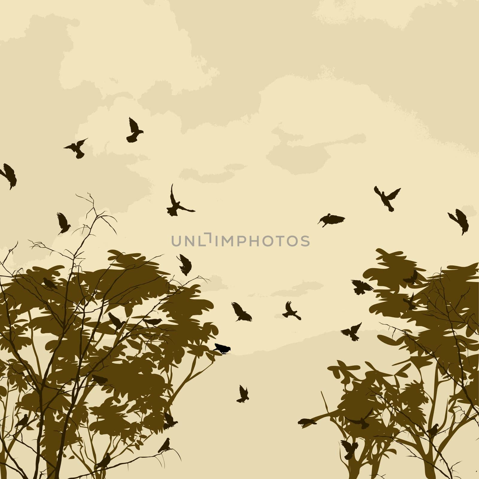 Abstract nature background with birds and tree silhouettes