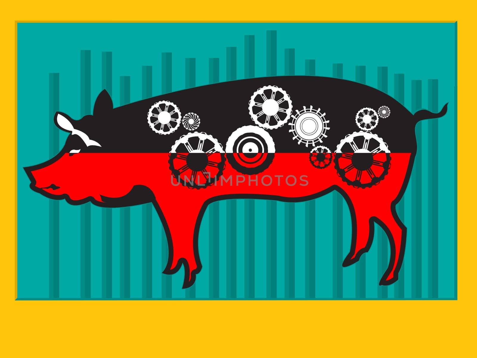 Conceptual pop art illustration of a pig with cog wheels and graphic stat