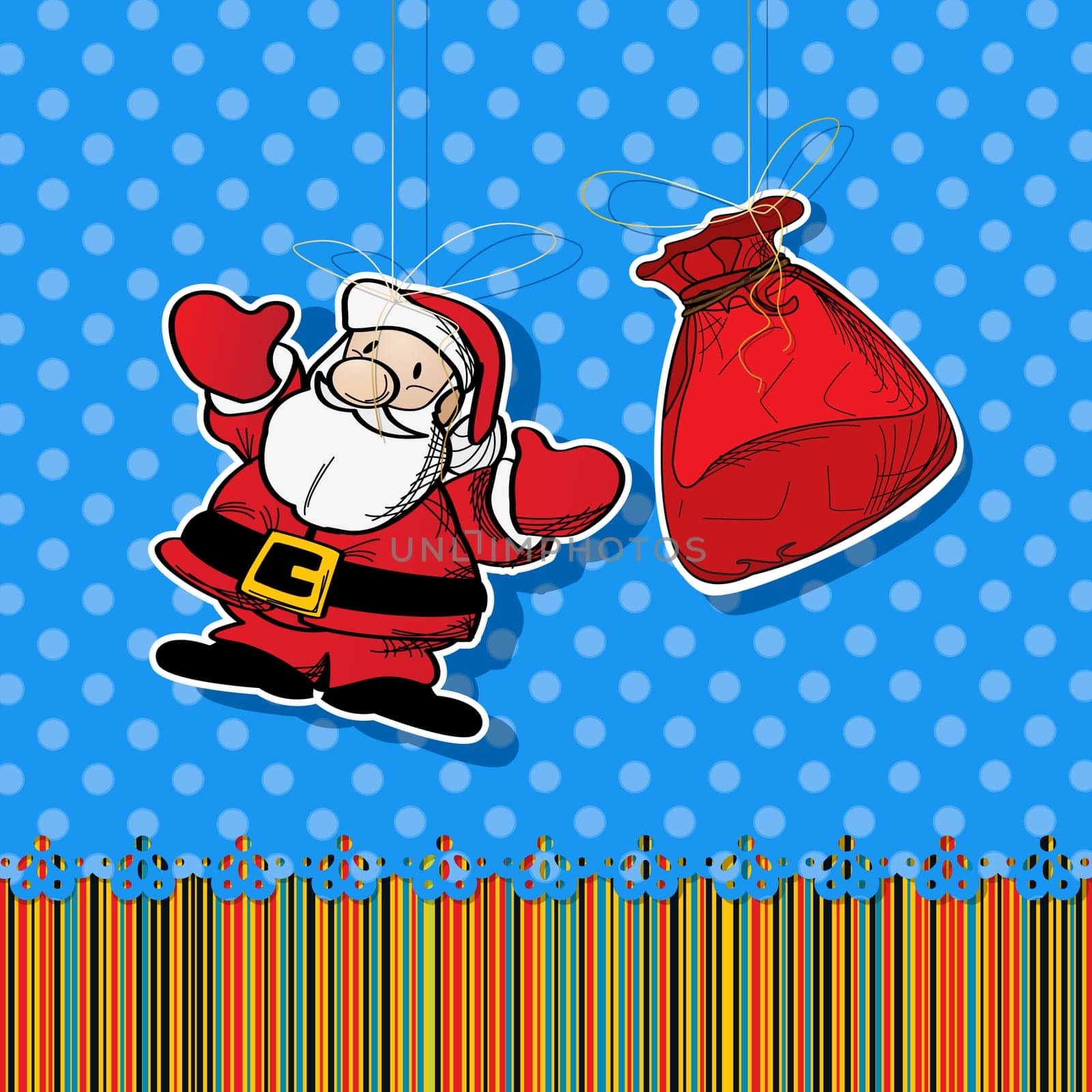 Stickers with santa and gift bag. Graphic art.