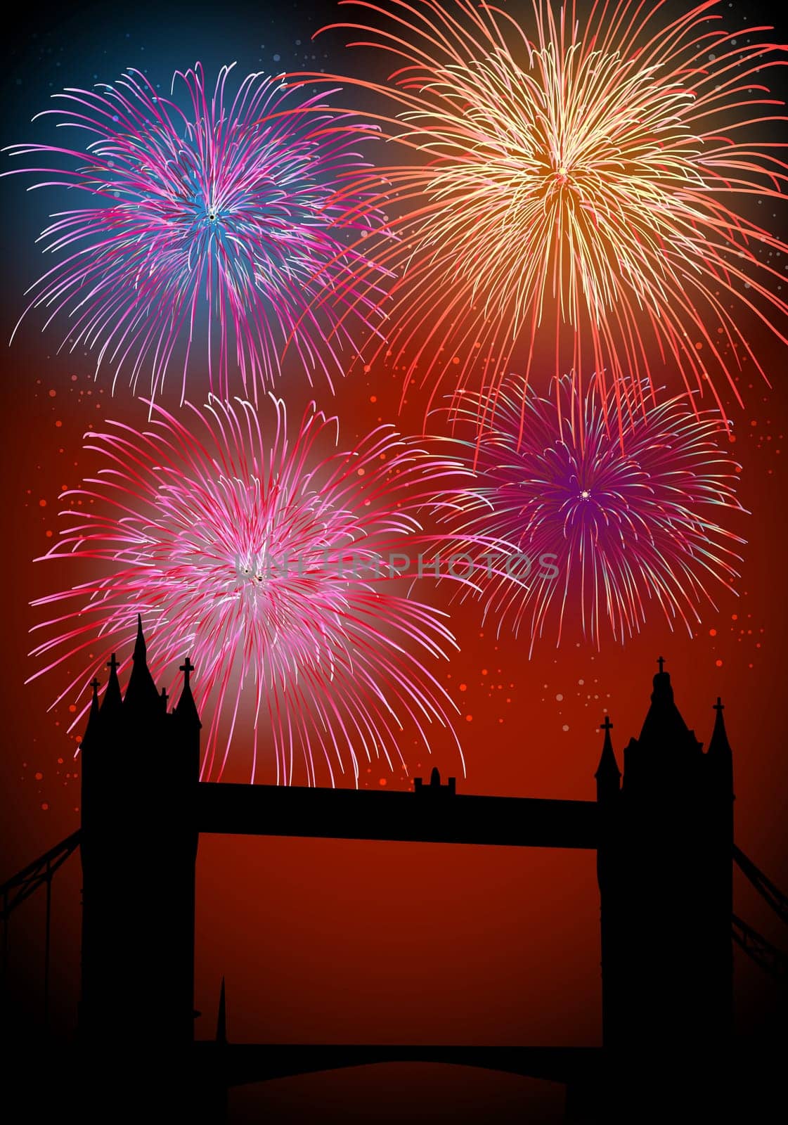 Happy New Year fireworks London city with Thames bridge night scene. EPS10 vector with transparencies layered for easy manipulation and customisation.