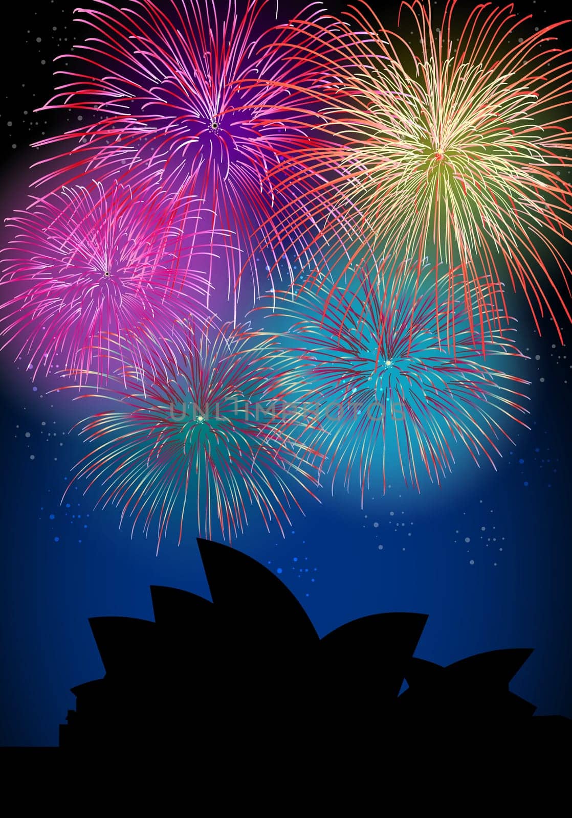 Happy New Year fireworks Sidney city night Opera House silhouette scene. EPS10 vector with transparency file layered for easy manipulation and customisation.