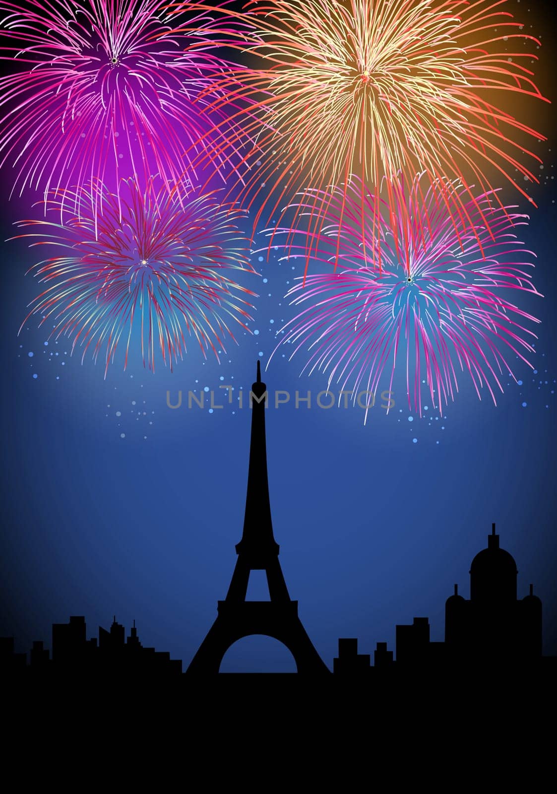 Happy New Year fireworks Paris with Eiffel tower silhouette night scene. EPS10 vector with transparencies layered for easy manipulation and customisation.
