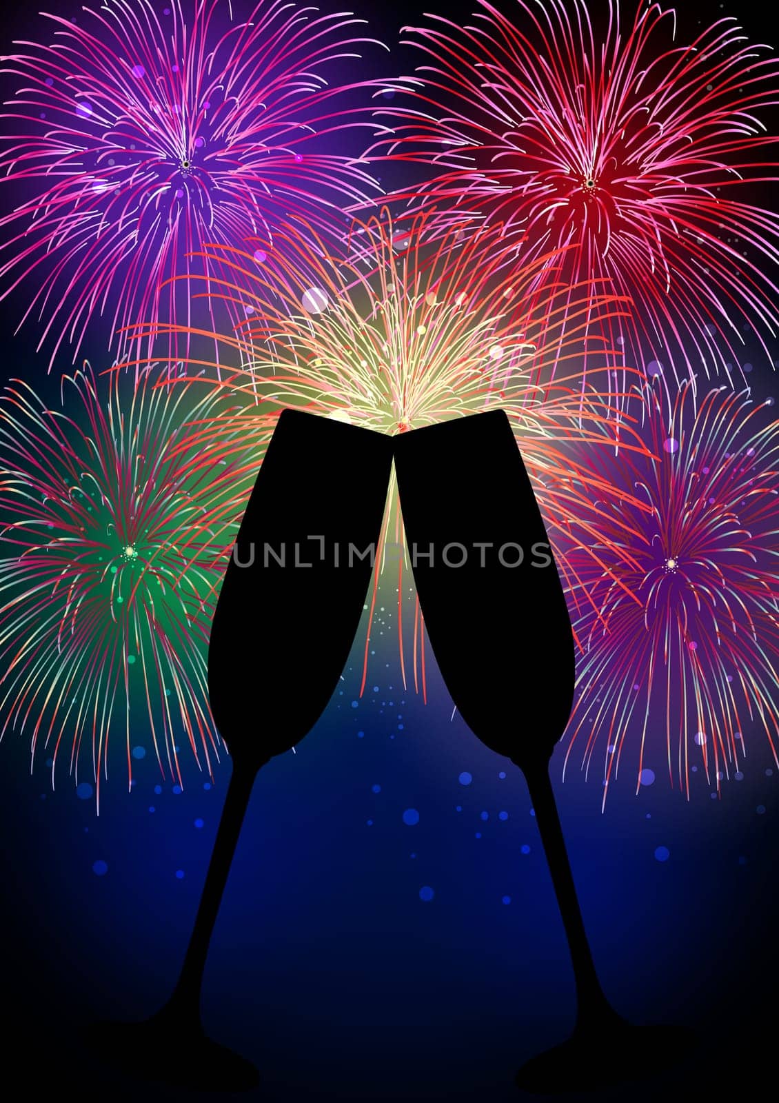 Happy New Year fireworks with champagne glass silhouette. EPS10 vector with transparencies for easy manipulation and customisation.