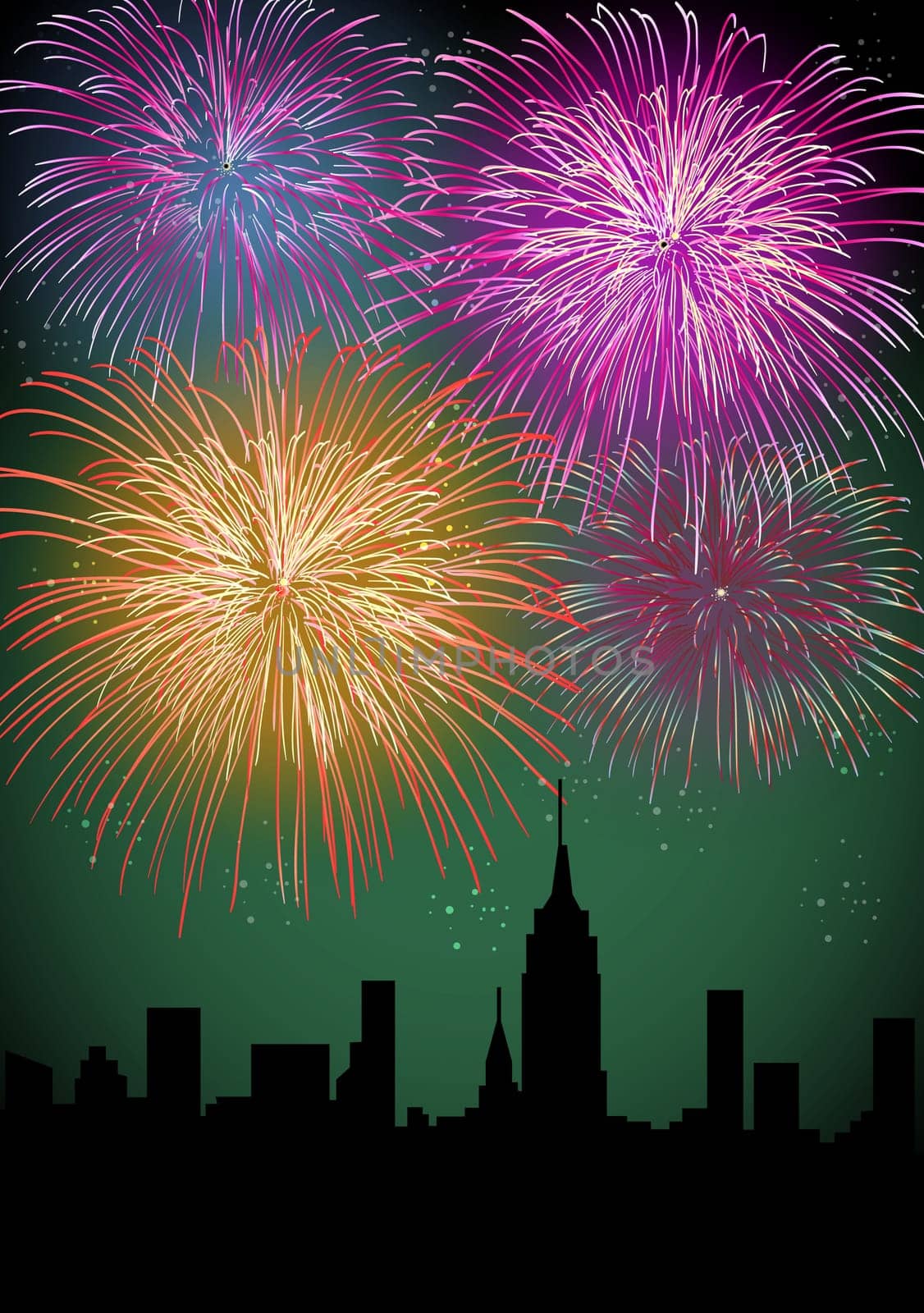 Happy New Year fireworks skyscraper silhouette night city scene. EPS10 vector with transparencies layered for easy manipulation and customization.