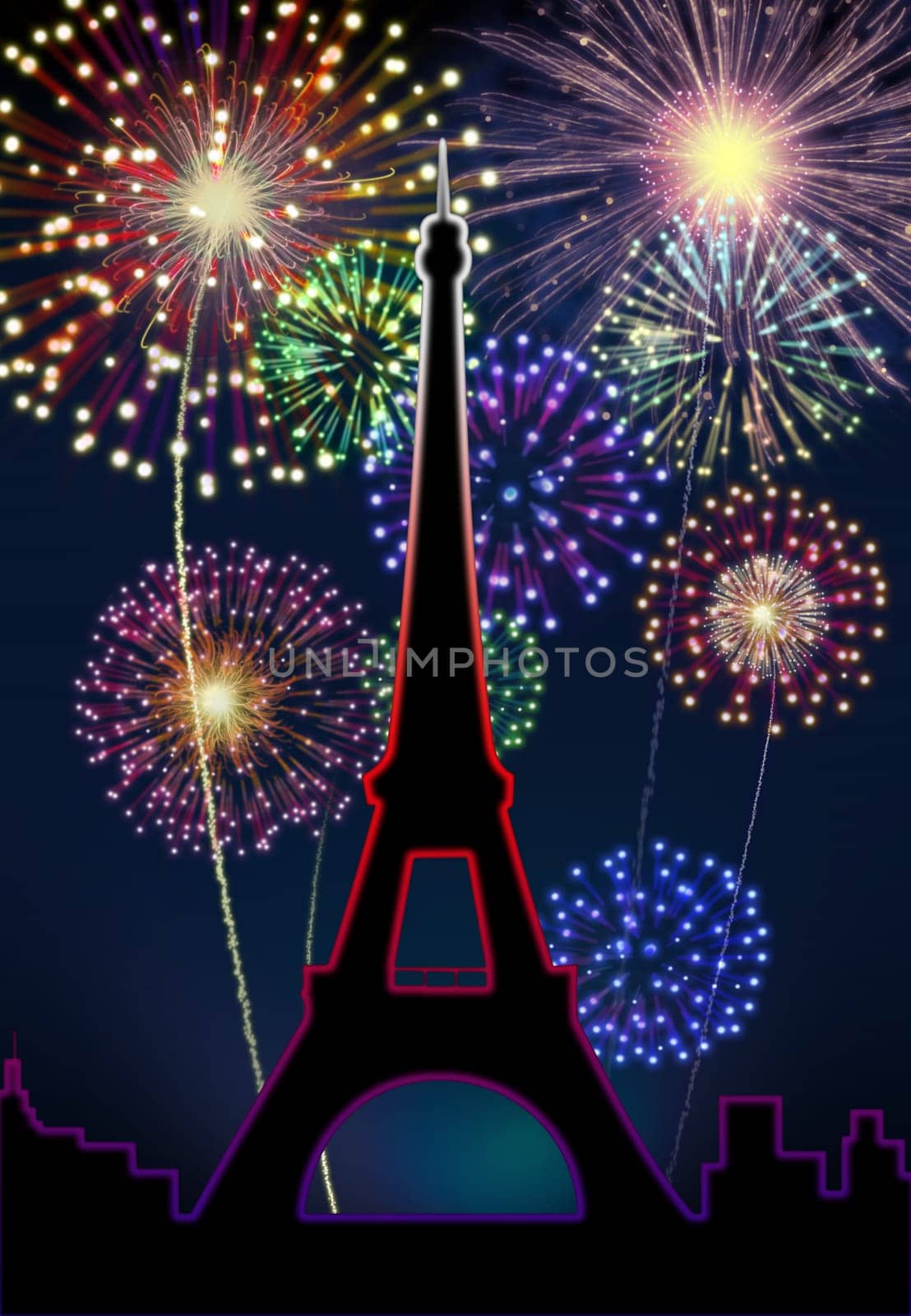 Fireworks happy New year Paris city night Tour Eiffel scene.
