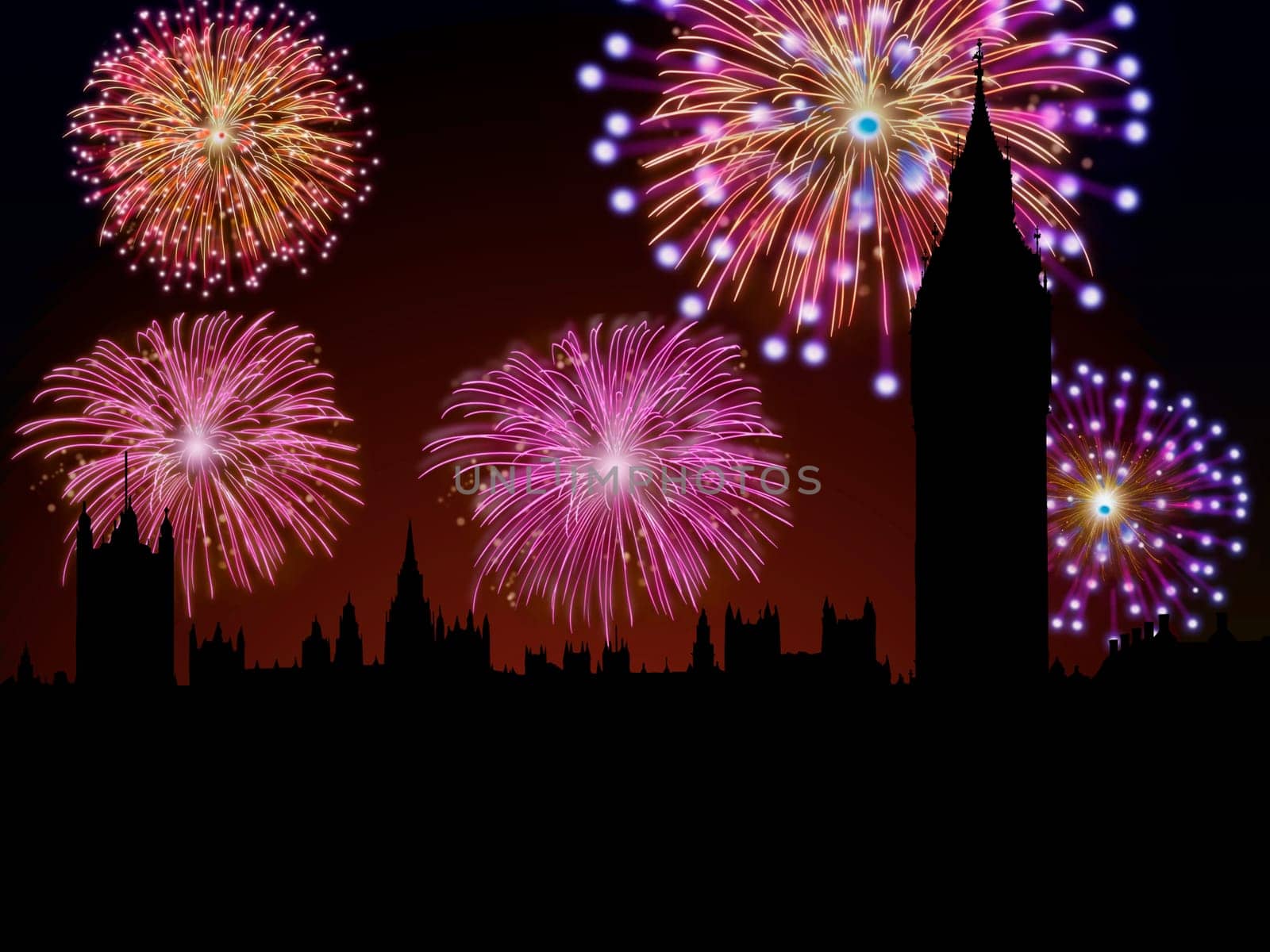 Fireworks happy New year London city Big Ben and House of Parliament scene.