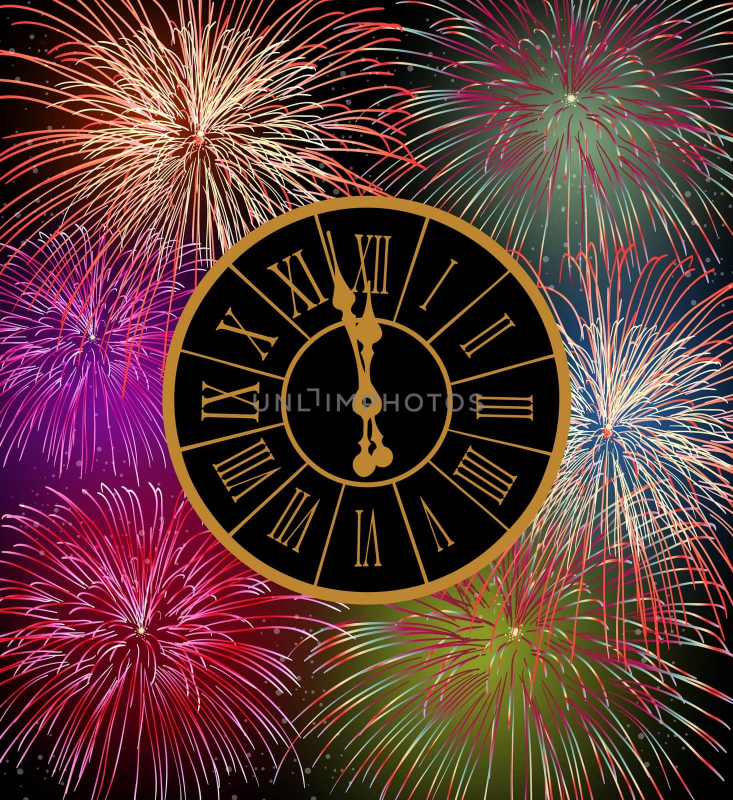 Happy New Year fireworks eve night time with clock. EPS10 vector with transparencies layered for easy manipulation and customisation.