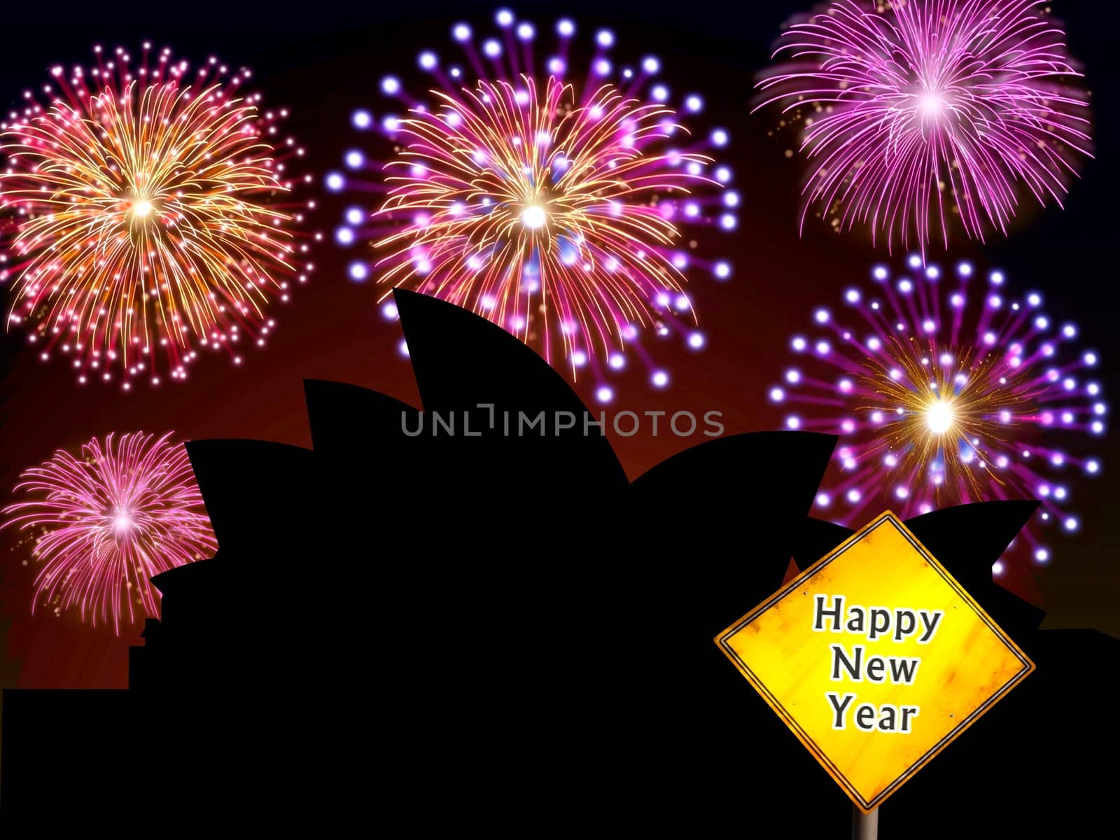Fireworks happy New year Sidney city night scene with Opera house building landmark silhouette.