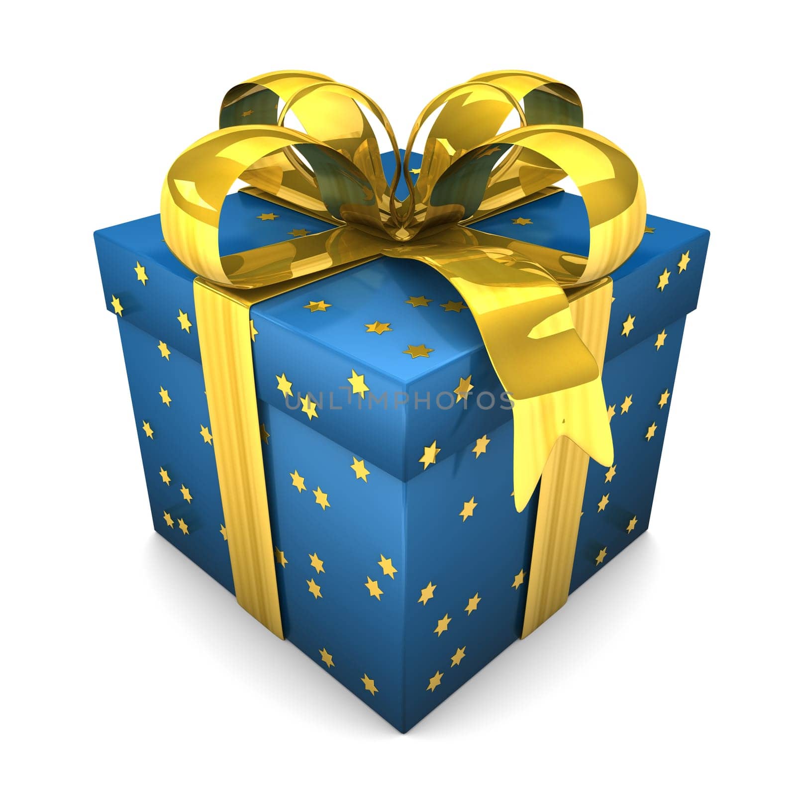 Blue gift with golden stars. White background.