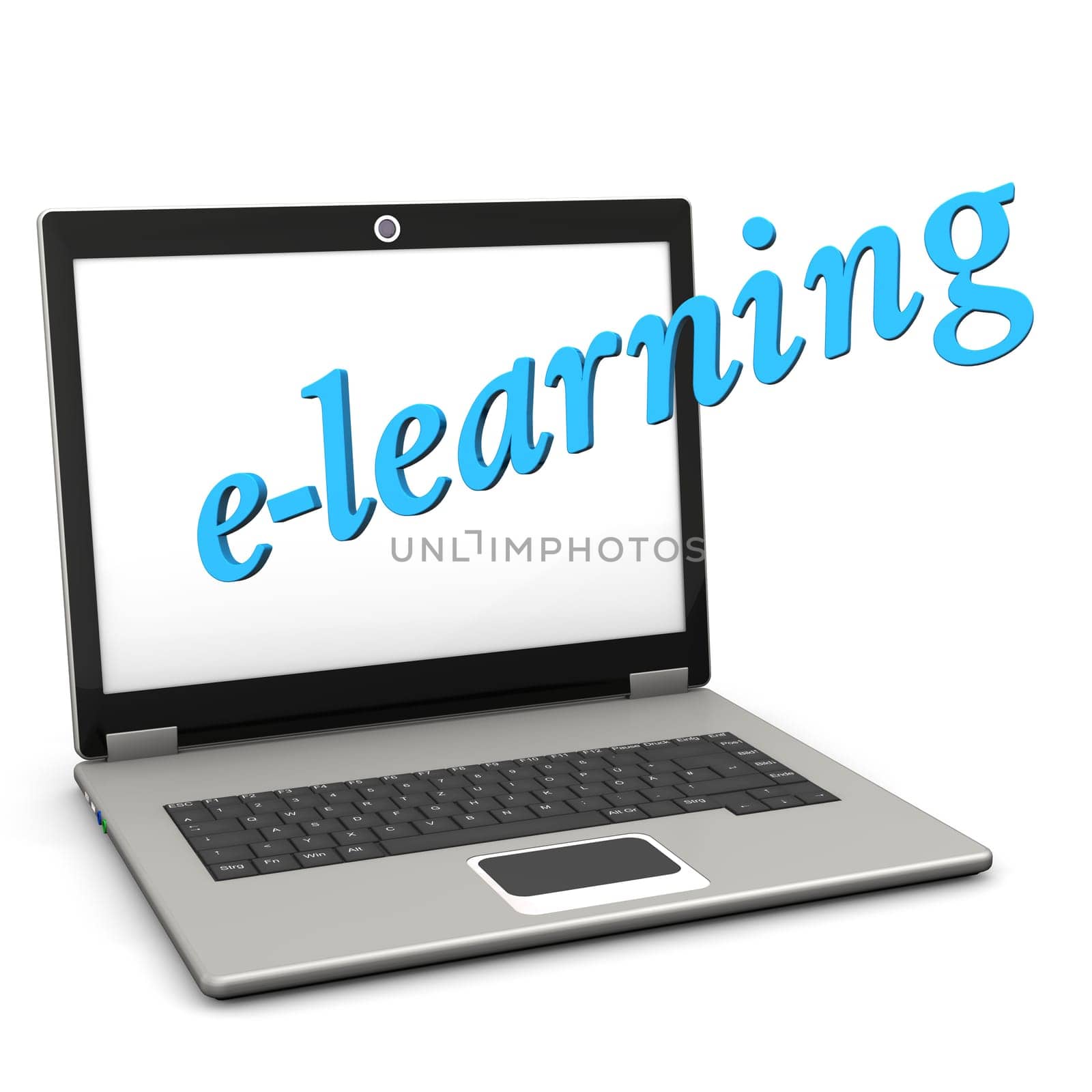A notebook with blue text "e-learning"". White background."