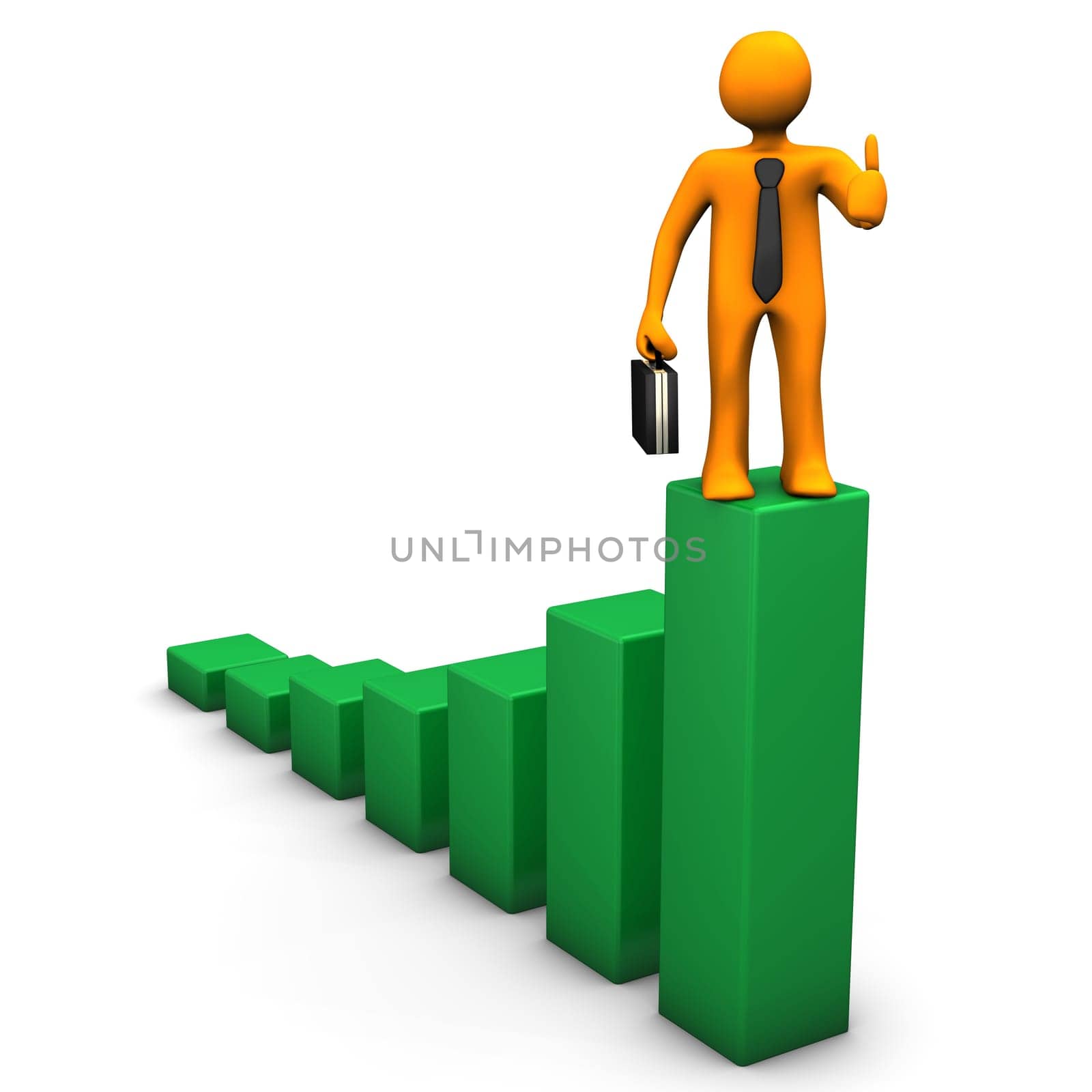 Orange cartoon character on the green chart with OK-Symbol.