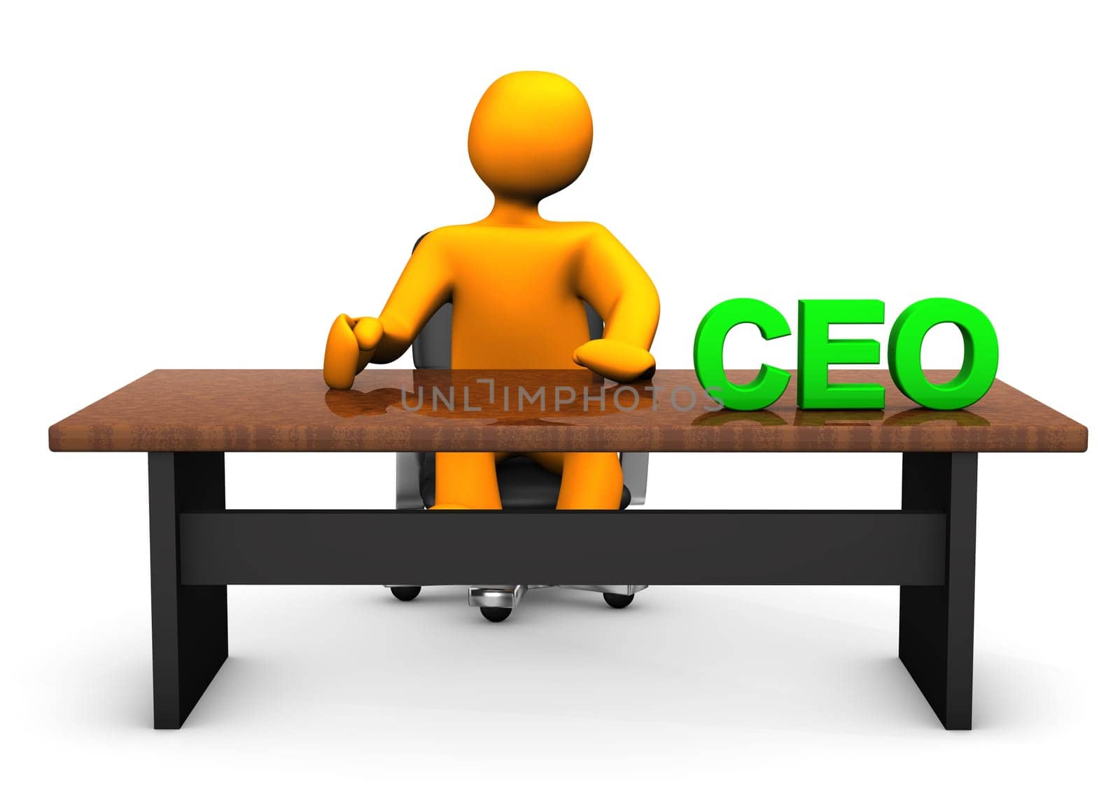 Orange cartoon character as CEO with table. With background.