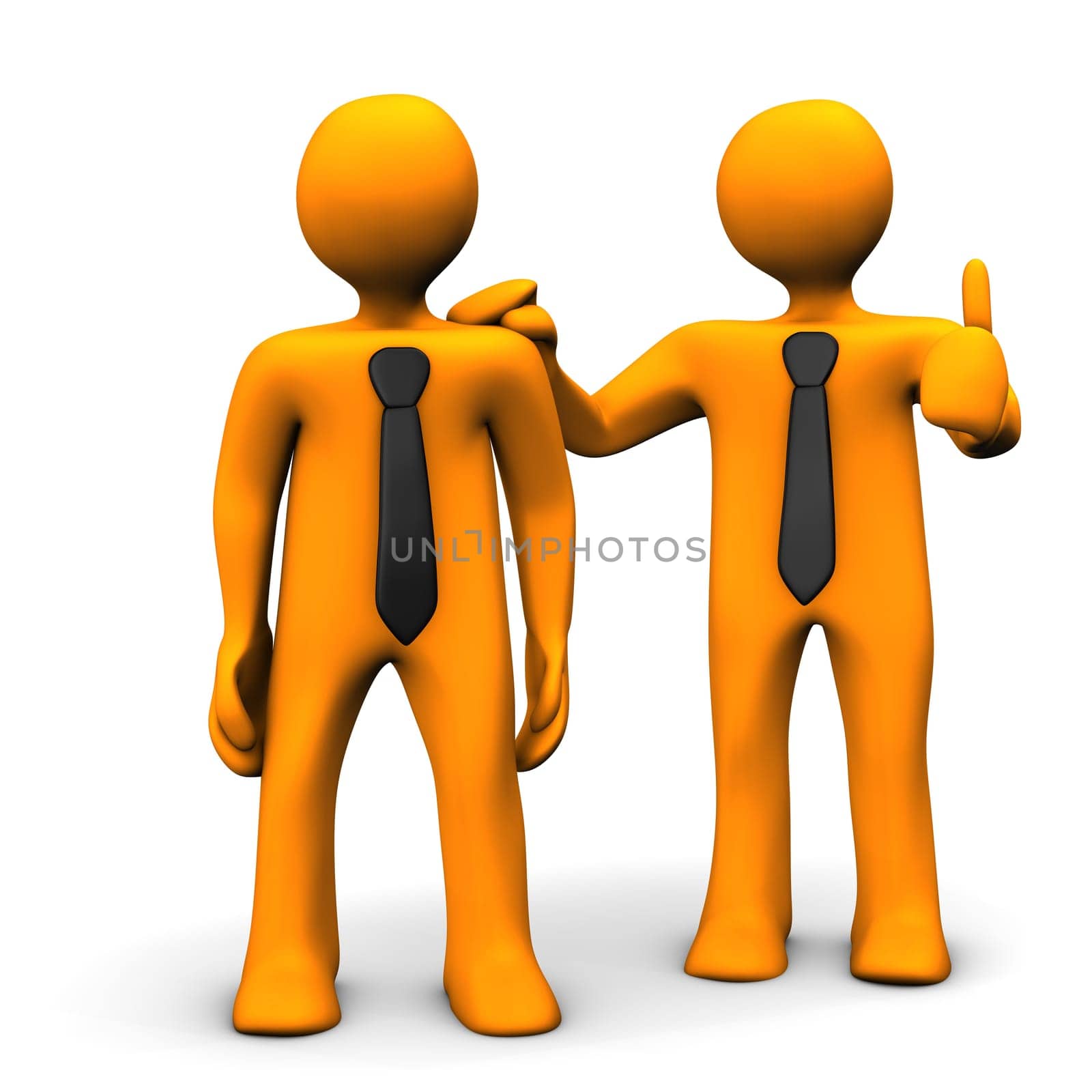 Orange cartoon character praises his workmate.