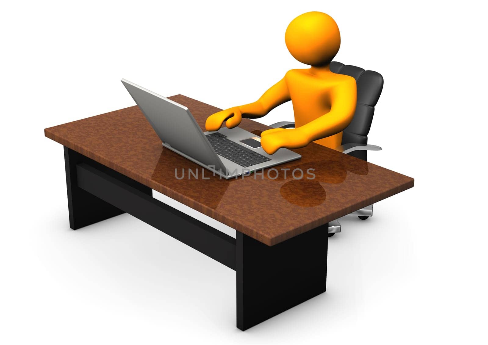 Orange cartoon character works with laptop. White background.