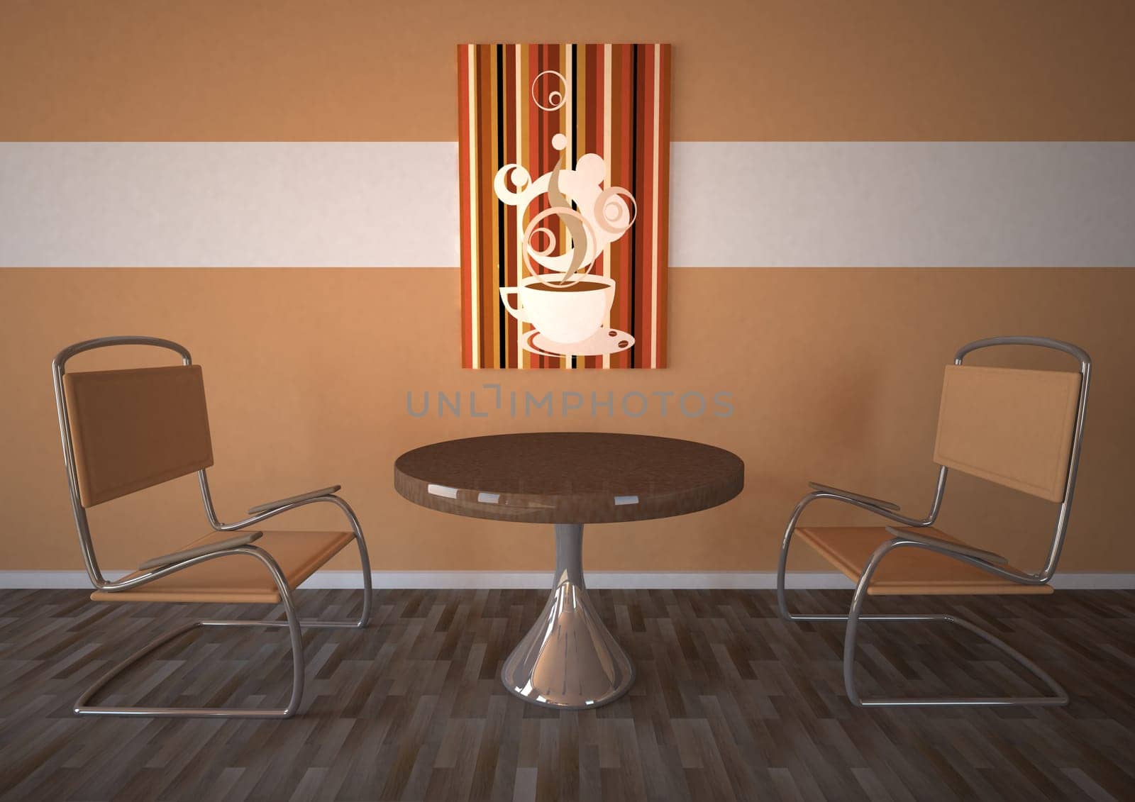 Modern cafeteria with table and two chairs. Brown woll.