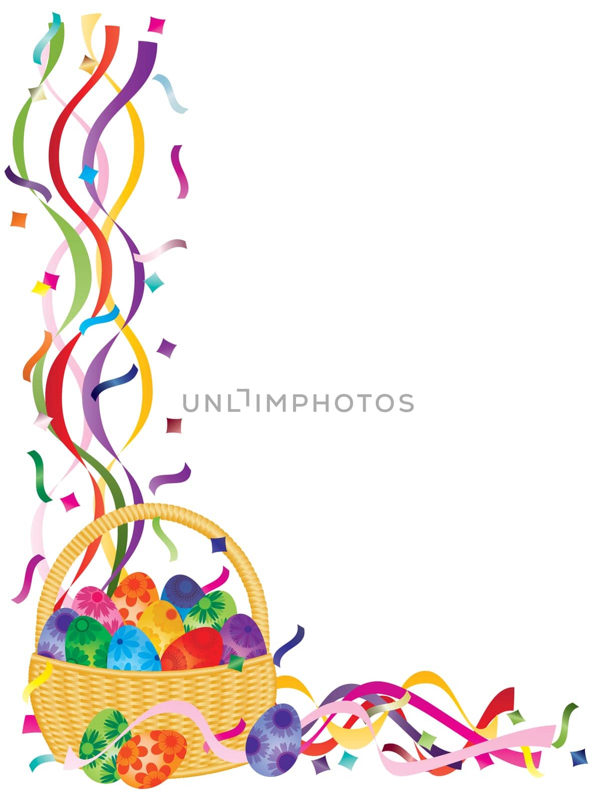 Colorful Happy Easter Day Eggs Basket in Confetti Border Illustration on White Background