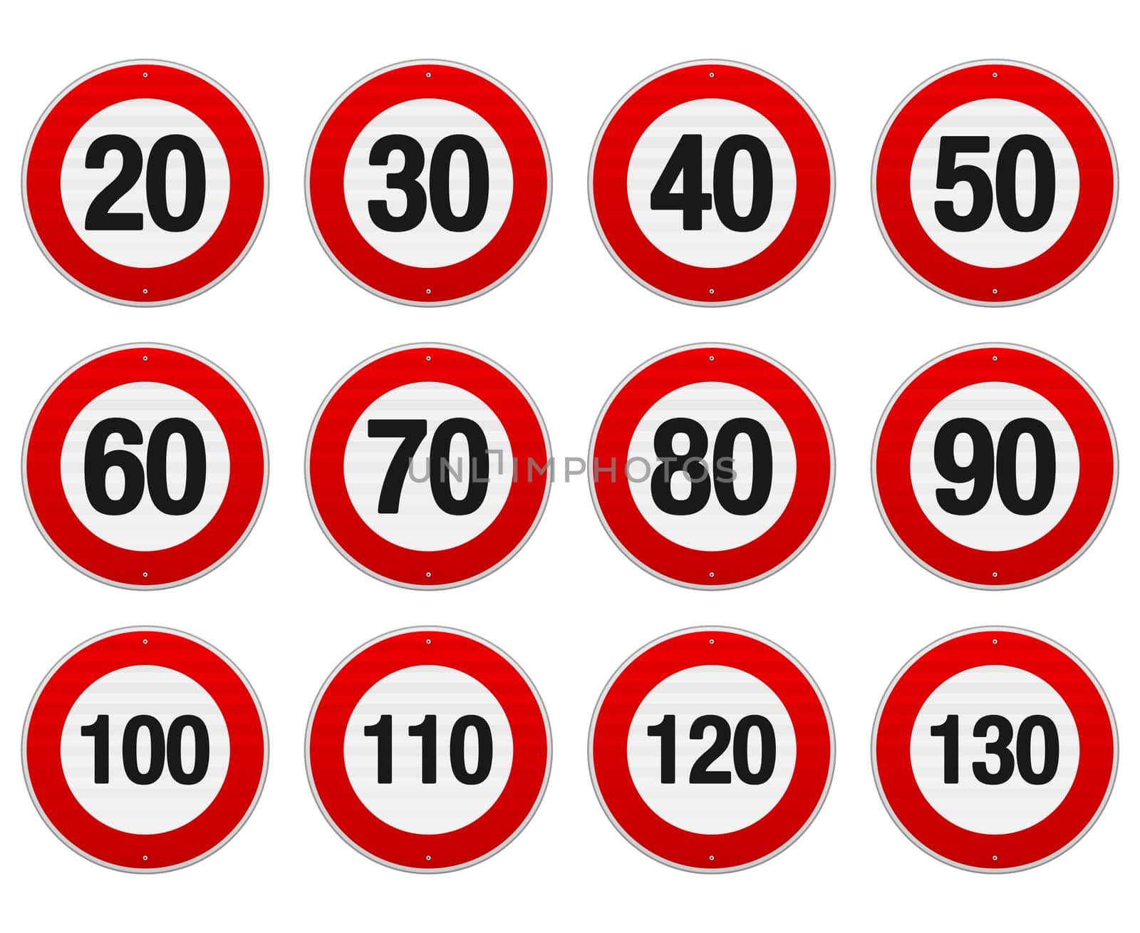 Isolated illustration of circle speed limit signs with red border