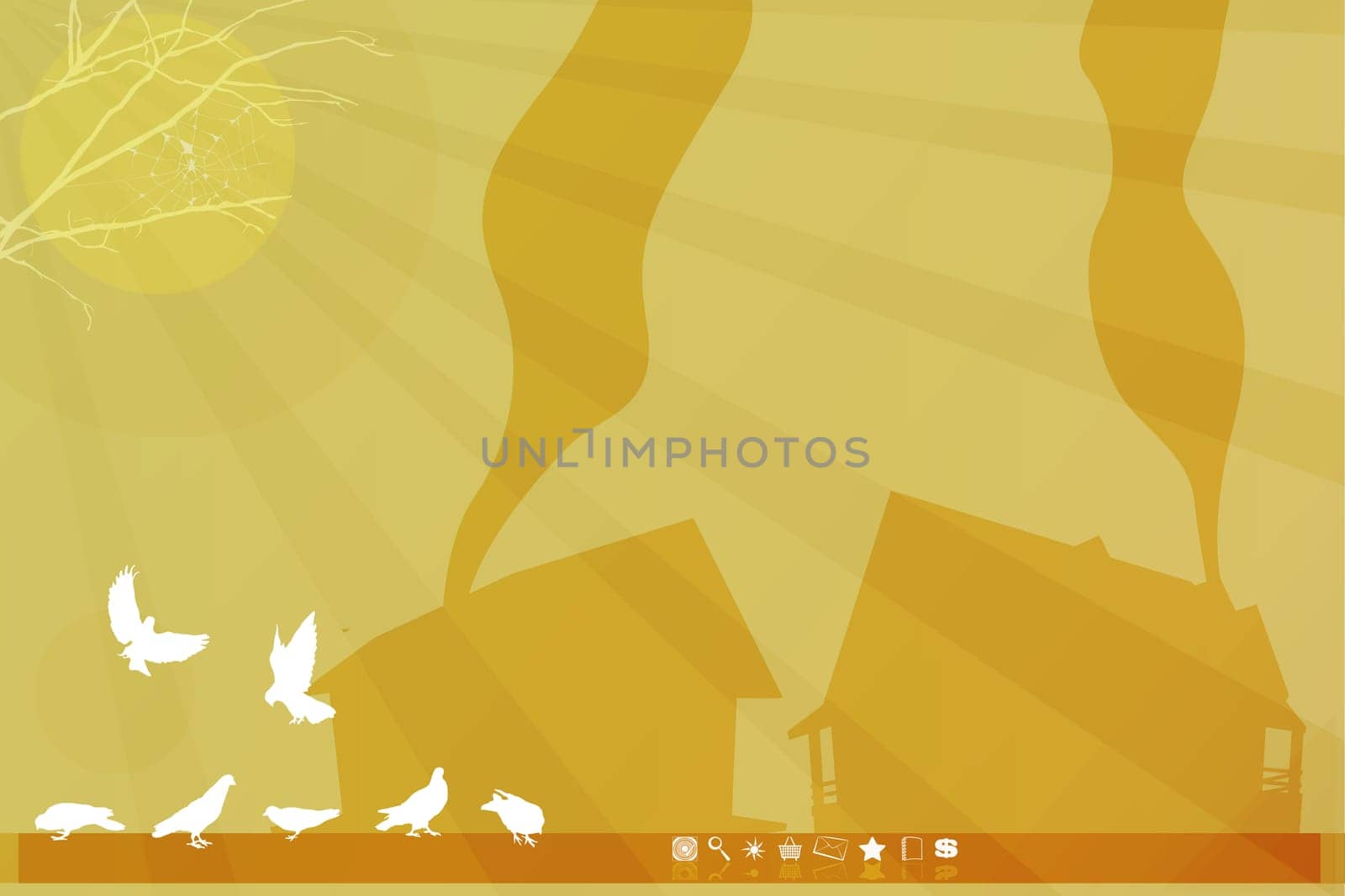 Desktop theme background with houses silhouettes, birds and plants, buttons. Eps 10 with transparency effect.