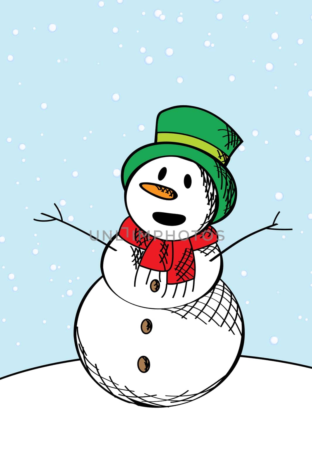 Winter celebration card with a very happy snow man