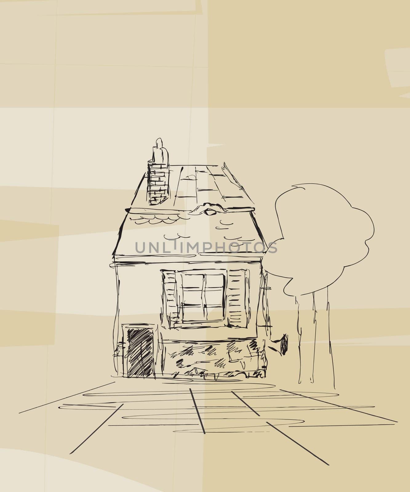 Grunge style sketch of a small Romanian house with trees