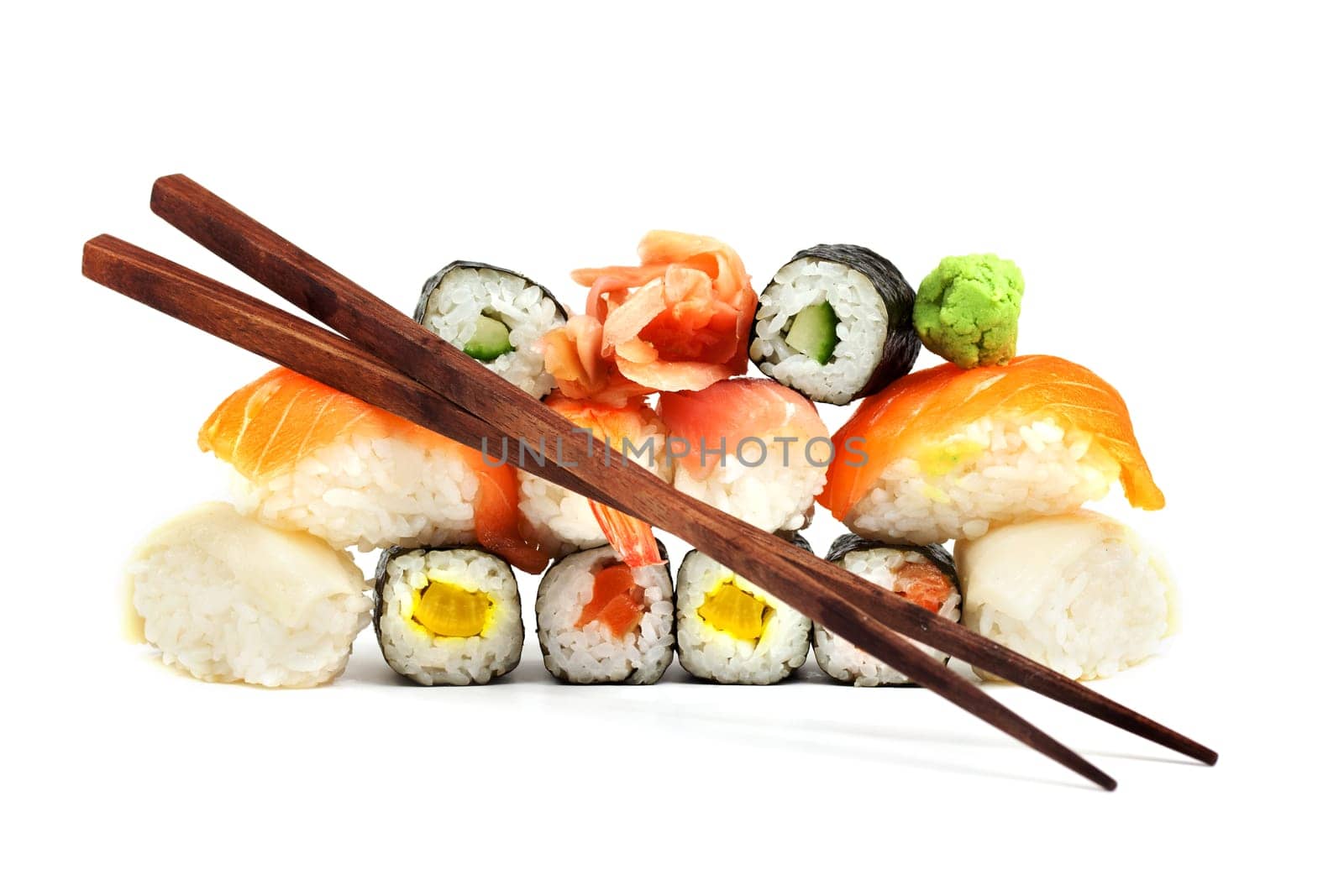 Sushi,set of Japanese food against white background