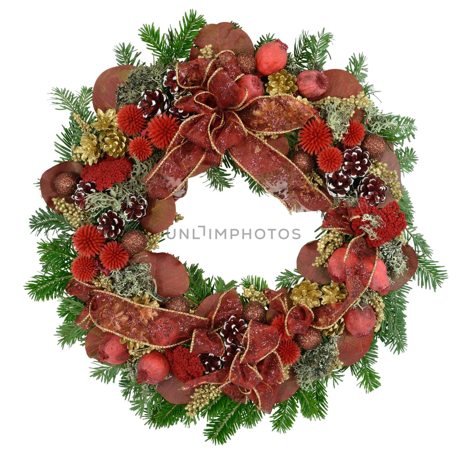 Christmas wreath for door decoration, isolated on white.