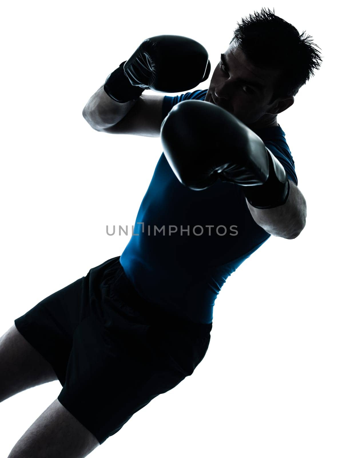 one caucasian man exercising boxing boxer  workout fitness in silhouette studio  isolated on white background