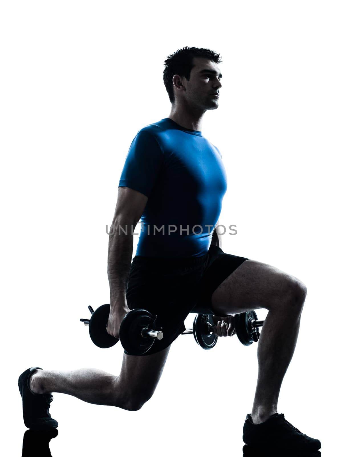 one caucasian man exercising weight training workout fitness in silhouette studio  isolated on white background