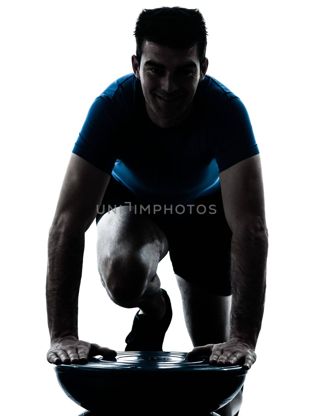 one caucasian man exercising bosu workout fitness in silhouette studio  isolated on white background