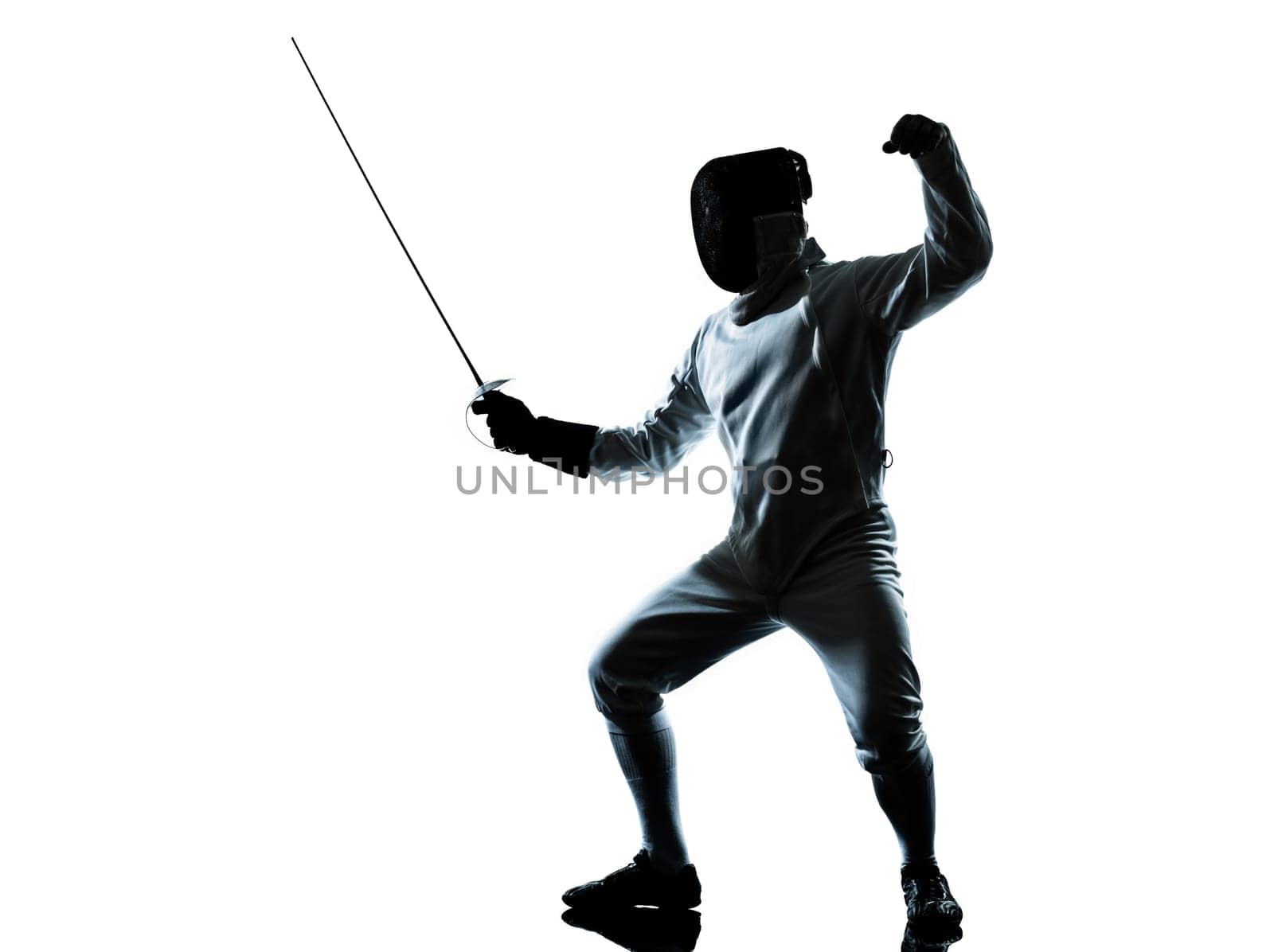 one man fencing silhouette in studio isolated on white background