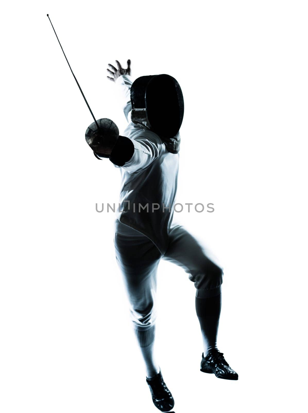 one man fencing silhouette in studio isolated on white background