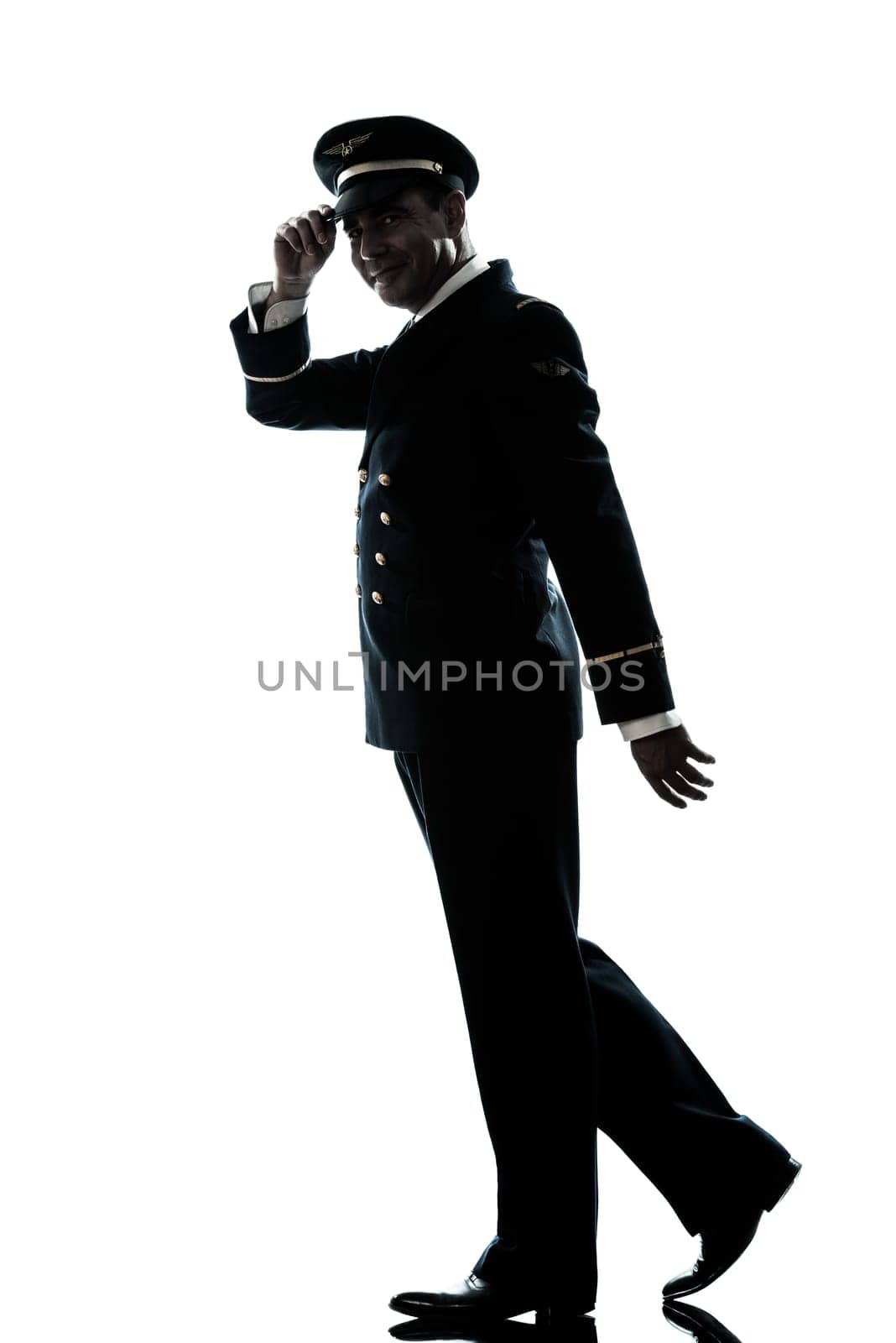 one caucasian man in airline pilot uniform  in studio isolated on white background