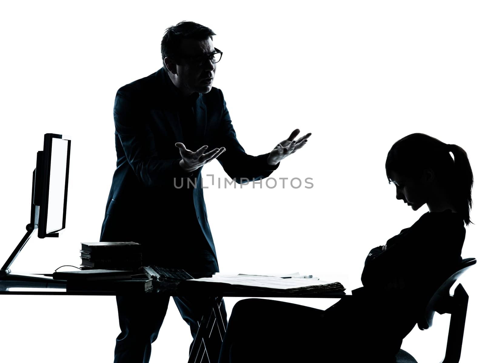 one man father professor and student teenager girl helping for homework in silhouette indoors isolated on white background