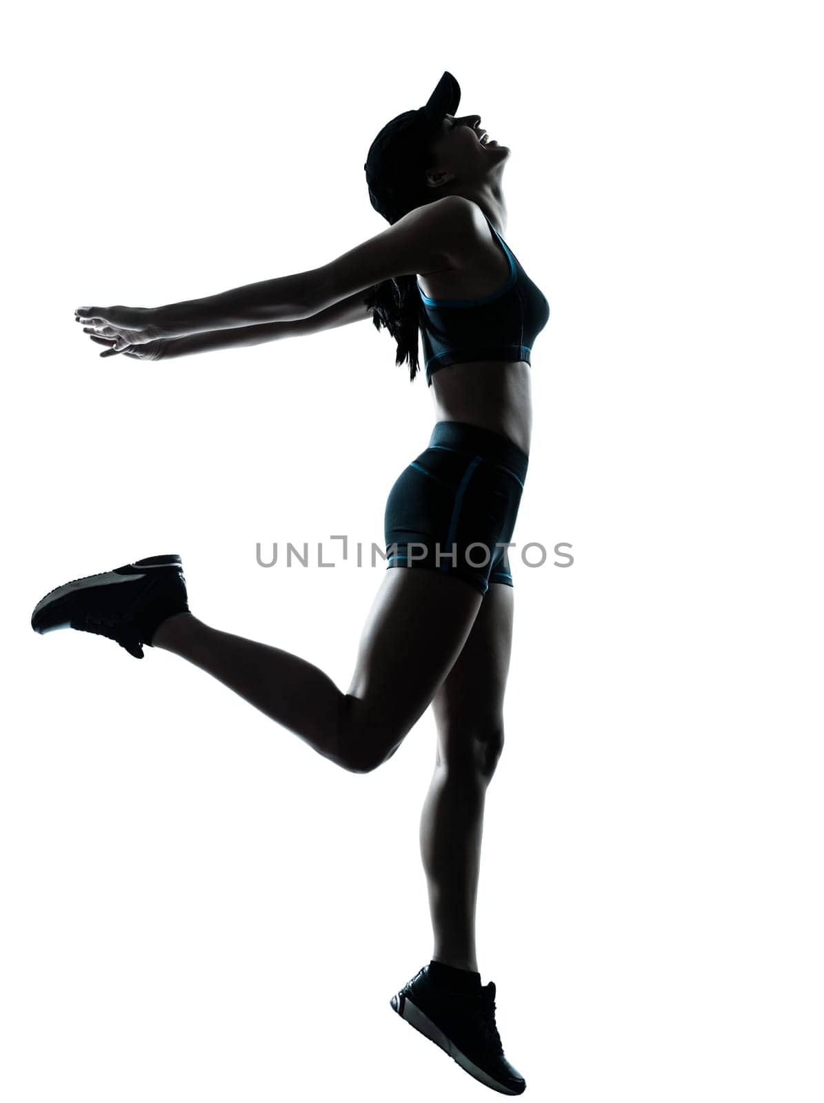 one caucasian woman runner jogger in silhouette studio isolated on white background