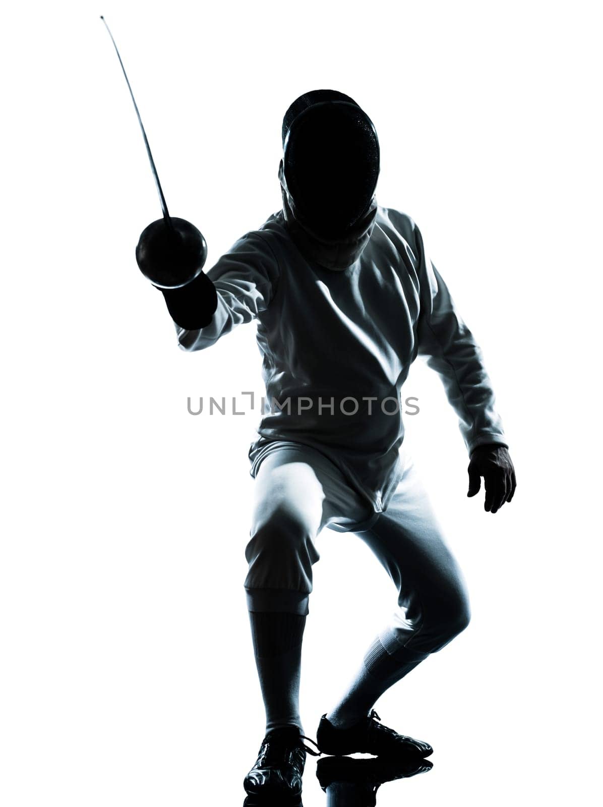 one man fencing silhouette in studio isolated on white background
