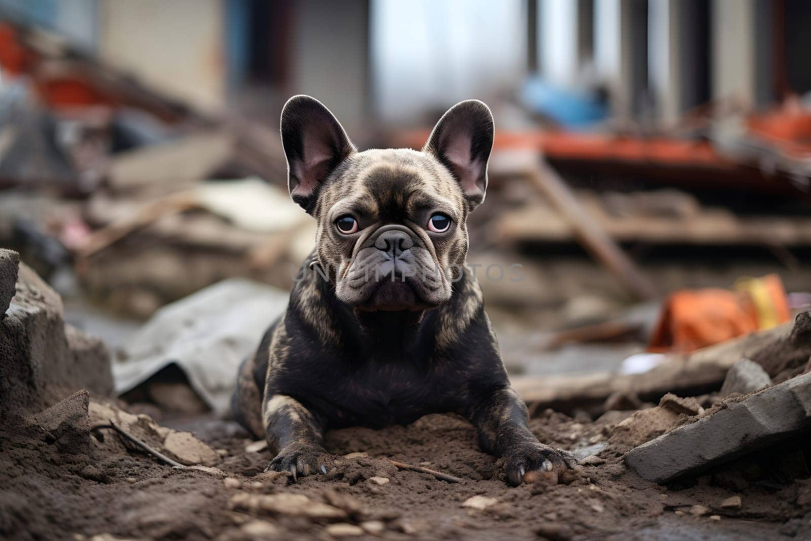 Alone and hungry French Bulldog after disaster on the background of house rubble. Neural network generated image. Not based on any actual scene.