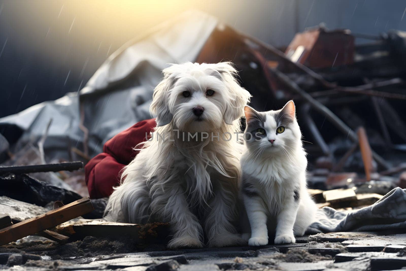 Alone and hungry pets after disaster on the background of house rubble. Neural network generated image. Not based on any actual scene.